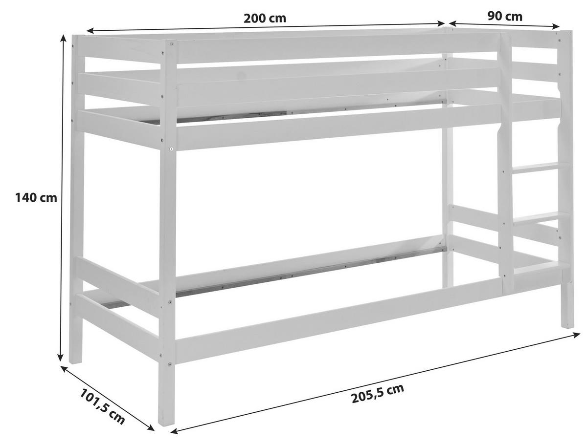 Etagenbett Lupo 2 Weiß Buche Massiv mit Absturzsicherung - Weiß, KONVENTIONELL, Holz (90/200cm)