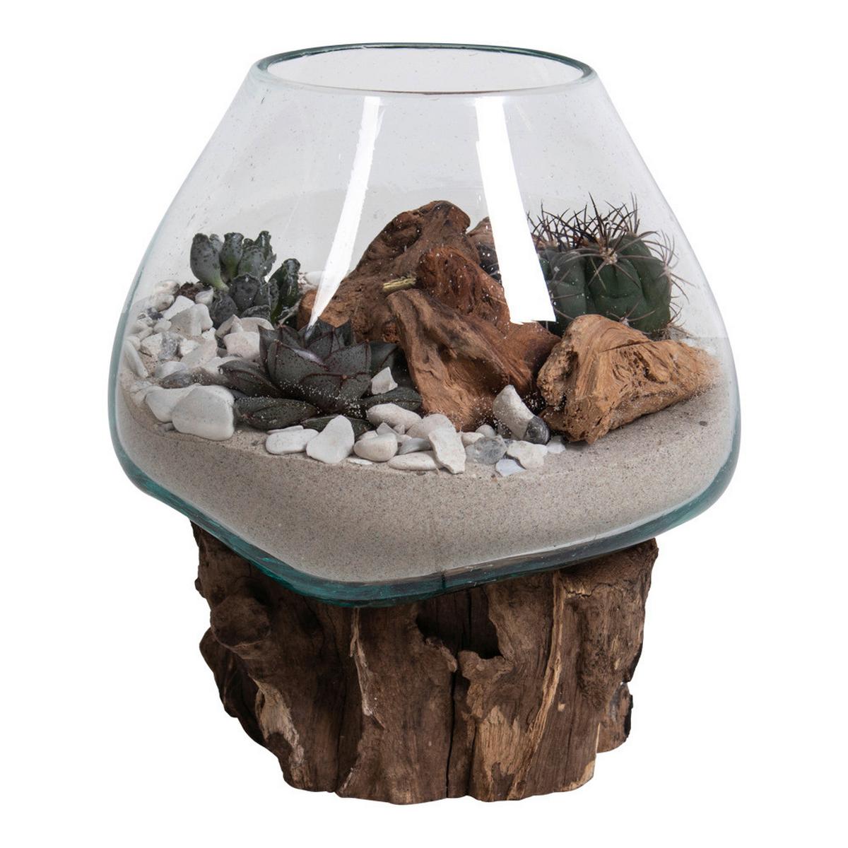 Vase Transparent Teakfarben B: 18cm - Transparent/Teakfarben, Design, Glas/Holz (18/20/15cm)