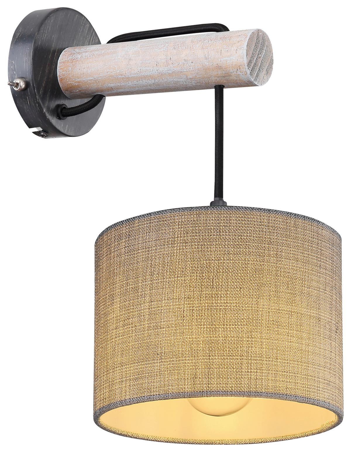 Wandleuchte Roger 1-Flammig mit Textil-Schirm + Schalter - Schwarz/Grau, Natur, Holz/Textil (18/25,5/33,5cm) - Globo