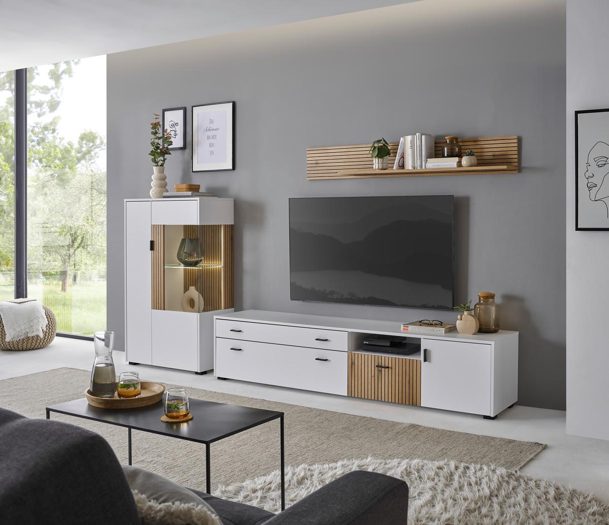 Vitrine Hudson Weiß/Eichefarben B: 75 cm - Eichefarben/Schwarz, Design, Glas/Holzwerkstoff (75/125/38cm) - MID.YOU