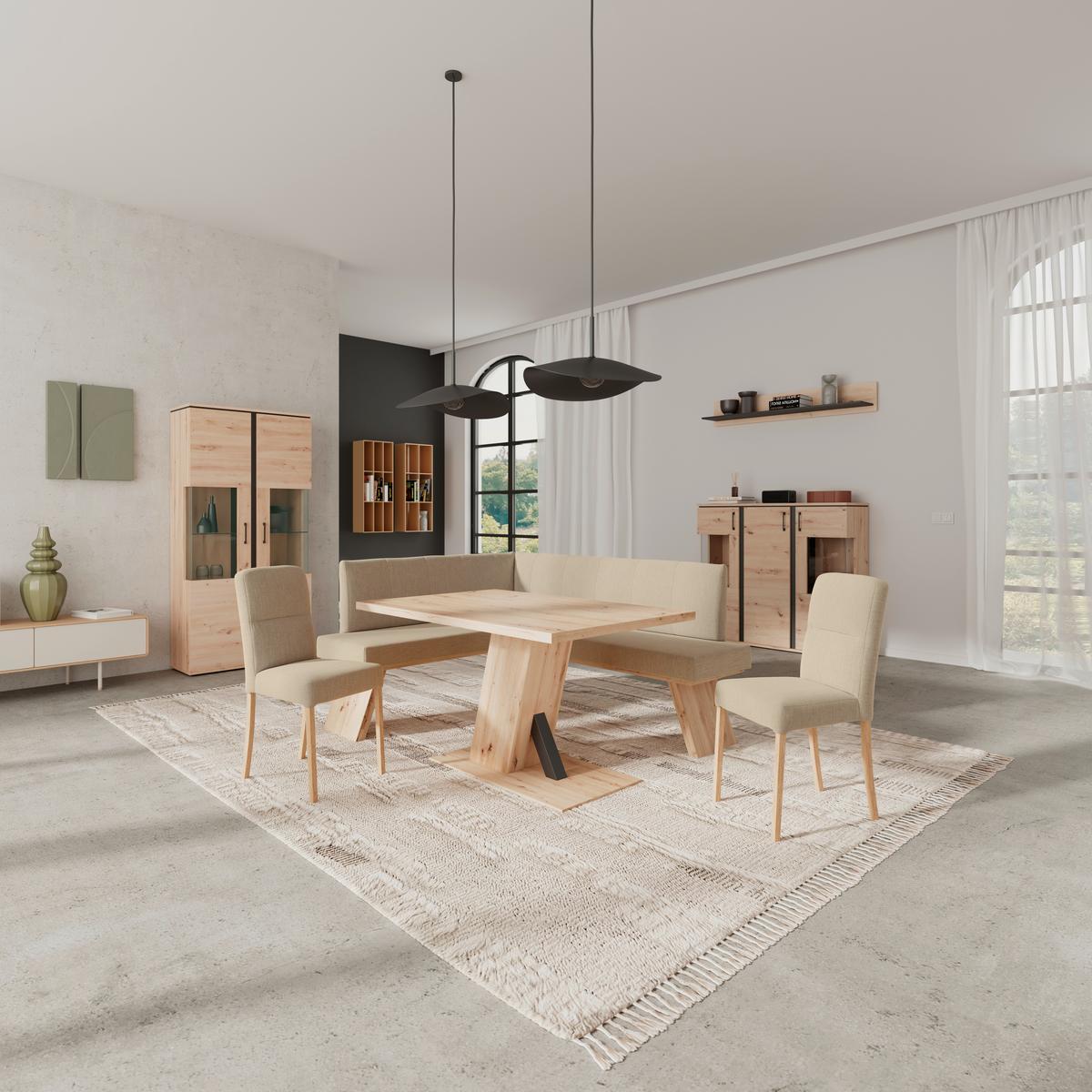 Eckbank Emma Ii Webstoff Beige, B: 150 Cm - Eichefarben/Beige, KONVENTIONELL, Holzwerkstoff/Textil (150/185cm)