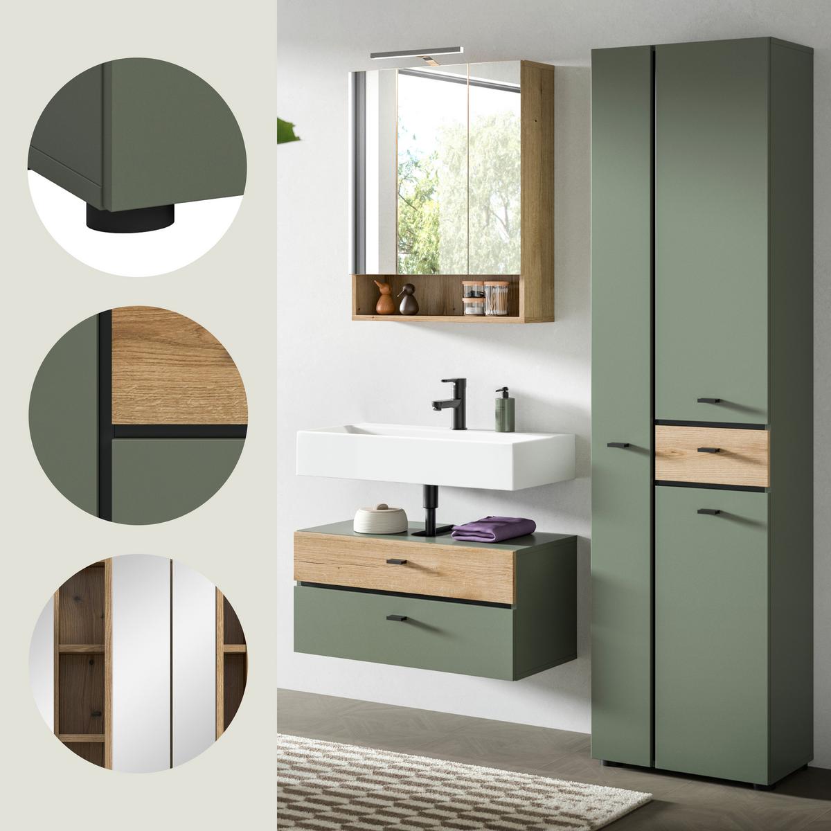 Badezimmer Aqua Grün/Eichefarben B: 126cm - Eichefarben/Schwarz, Trend, Glas/Holzwerkstoff (126cm) - MID.YOU