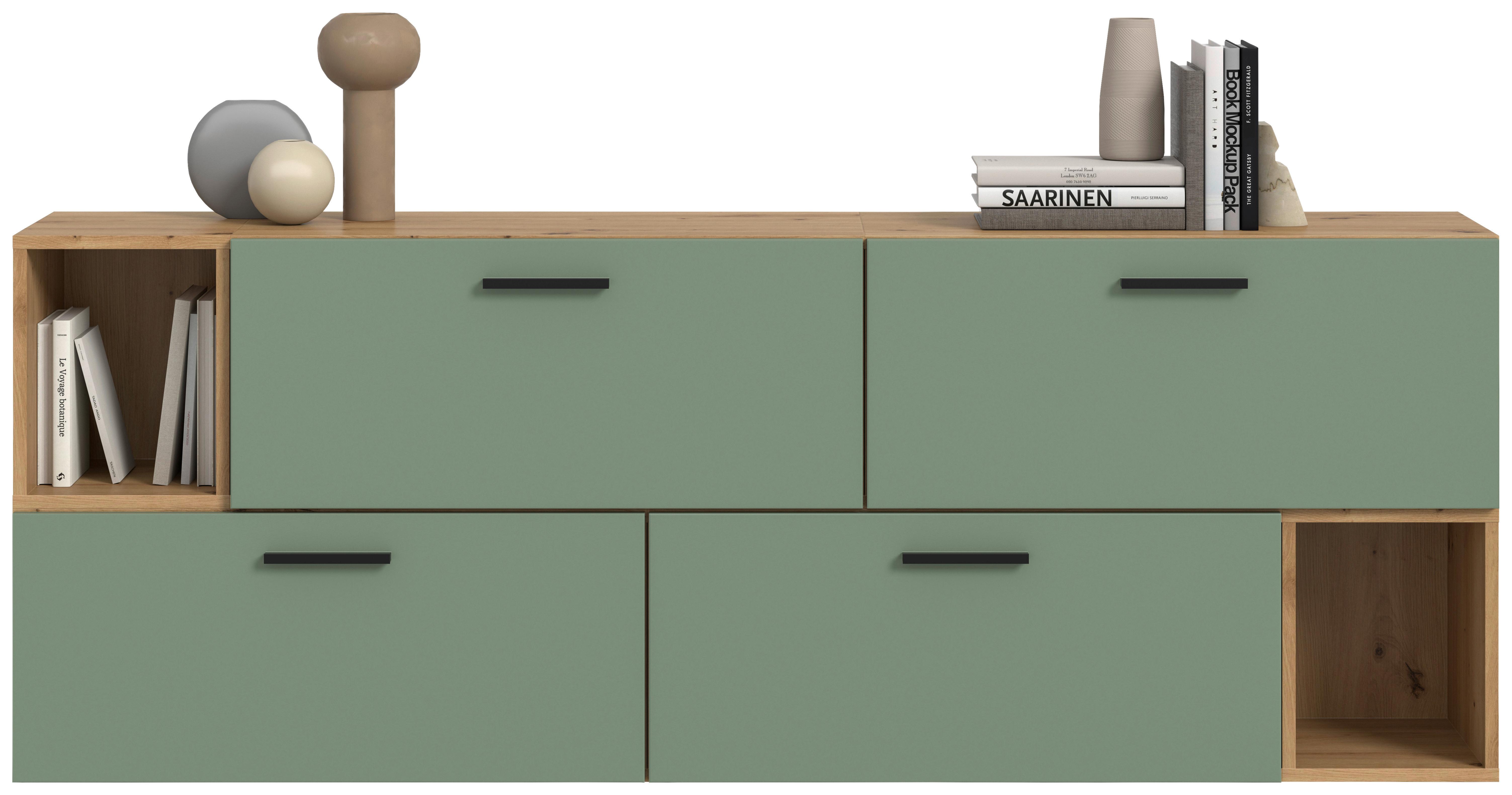 Wohnwand, The ONE 2, B: 176 cm Olivgrün/Artisan Eiche Dekor - Schwarz/Weiß, Trend, Holzwerkstoff (176/97/34cm)