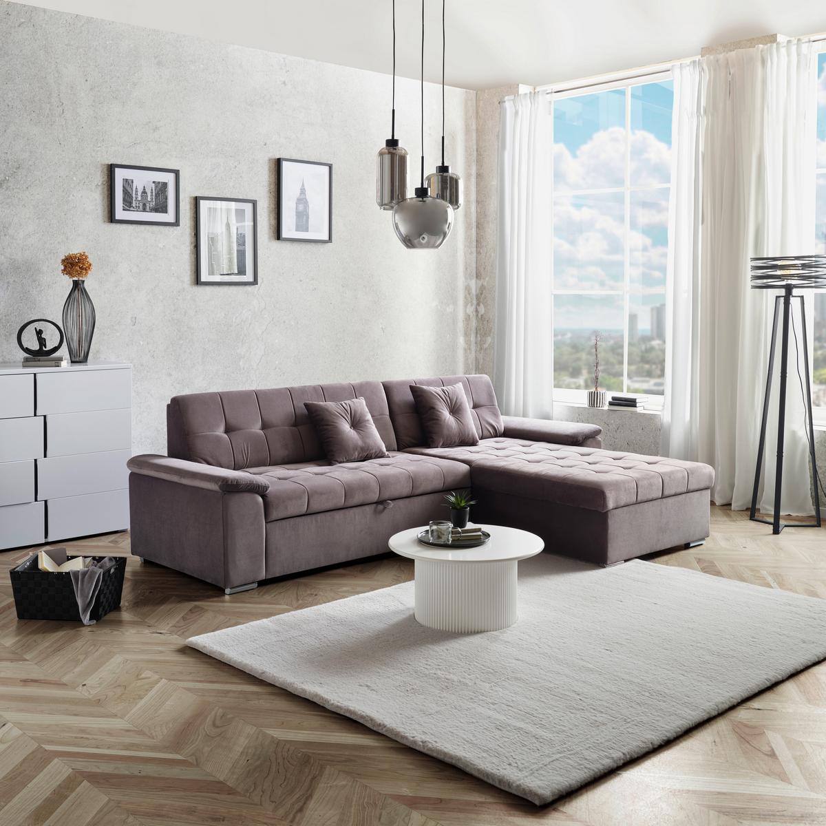 Ecksofa mit Schlaffunktion Keaton + Bettkasten, Grau - Grau, Basics, Textil (263/169cm) - Livetastic
