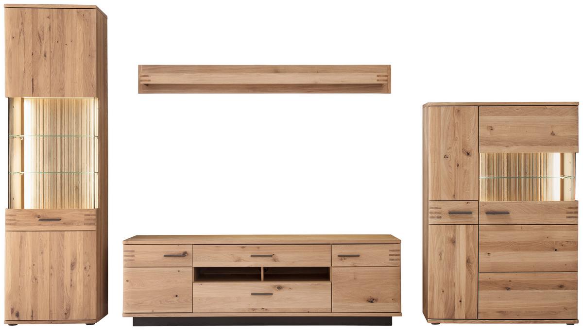 Wohnkombination teilmassiv 4--teilig. Salvador Eichefarben - Eichefarben/Schwarz, Design, Glas/Holz (350/208/50cm) - Livetastic