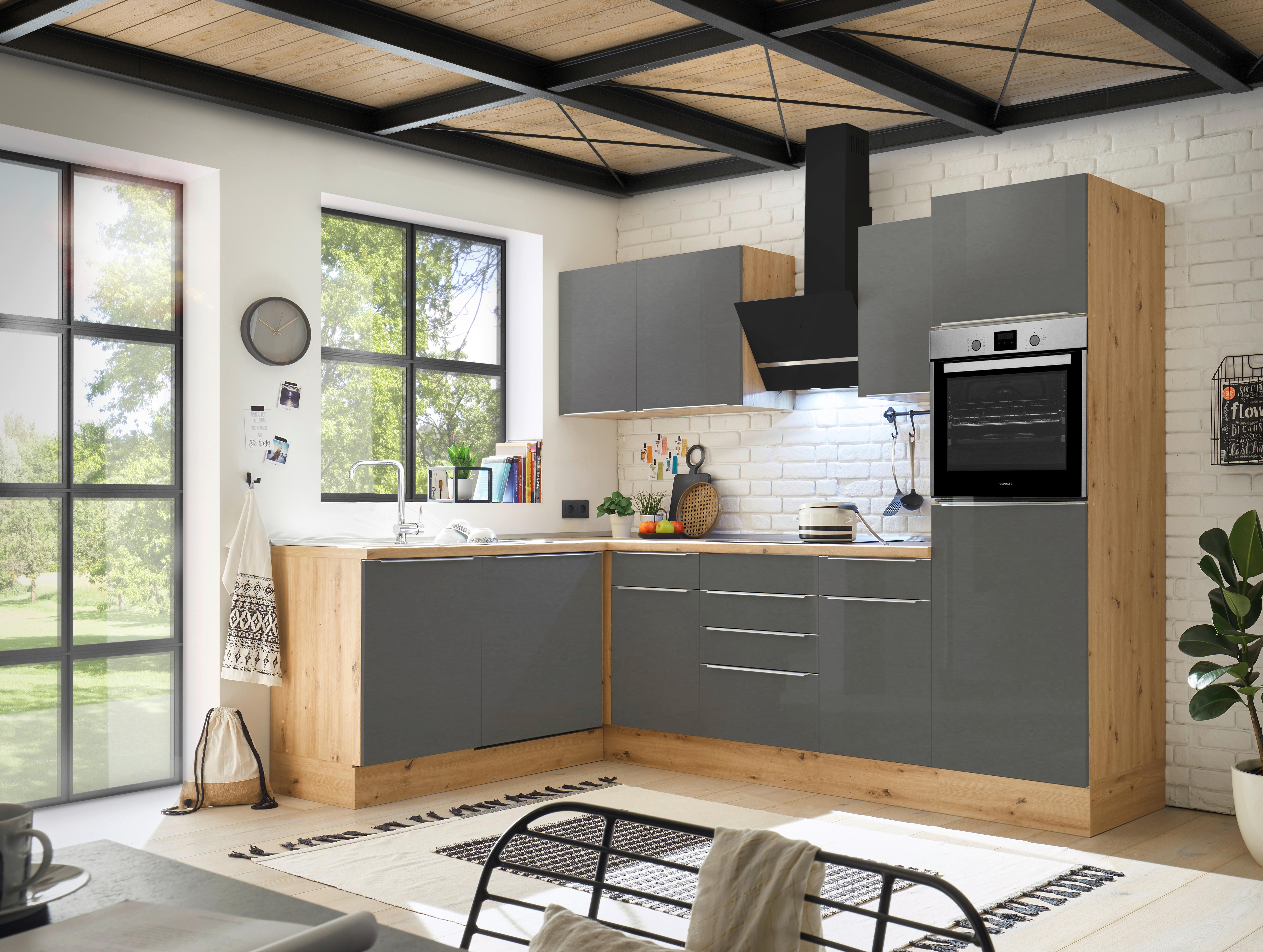 Eckküche mit Geräten 280x170 cm Grau/Eiche Dekor, Modern