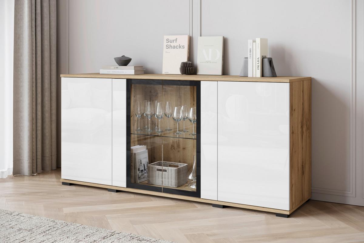 ŠIROKÁ KOMODA CARO 150 - čierna/biela s vysokým leskom, Design, kompozitné drevo/plast (150/69,7/39,5cm) - Livetastic