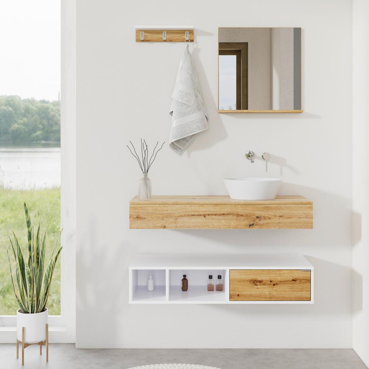 Koupelna Wick 5 -dílná přírodní/bílá - bílá/přírodní barvy, Moderní, kov/kompozitní dřevo - Bessagi Home