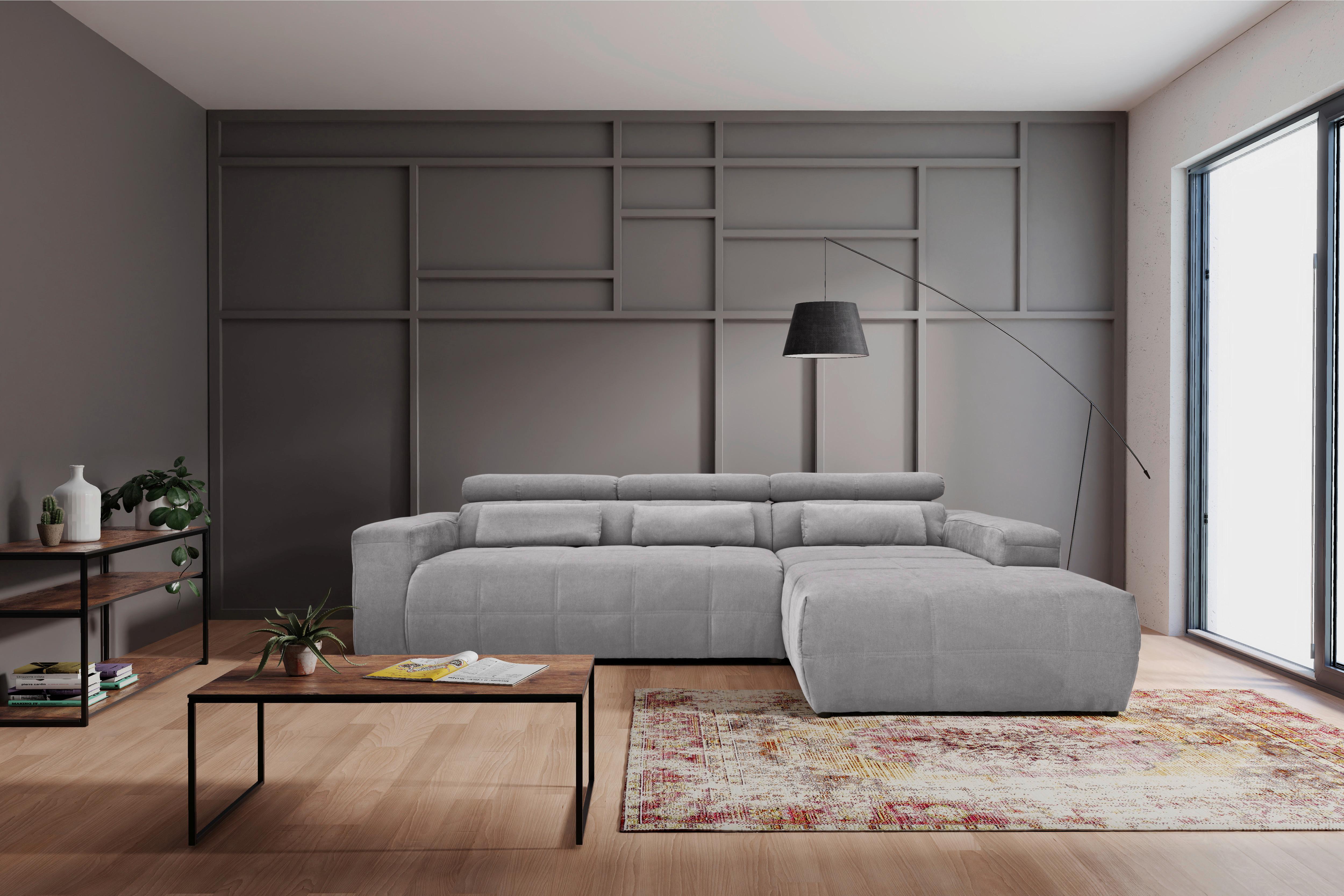 Ecksofa + Kopfteilverstellung Brandon Silberfarben - Silberfarben/Schwarz, Design, Textil (285/175cm) - MID.YOU