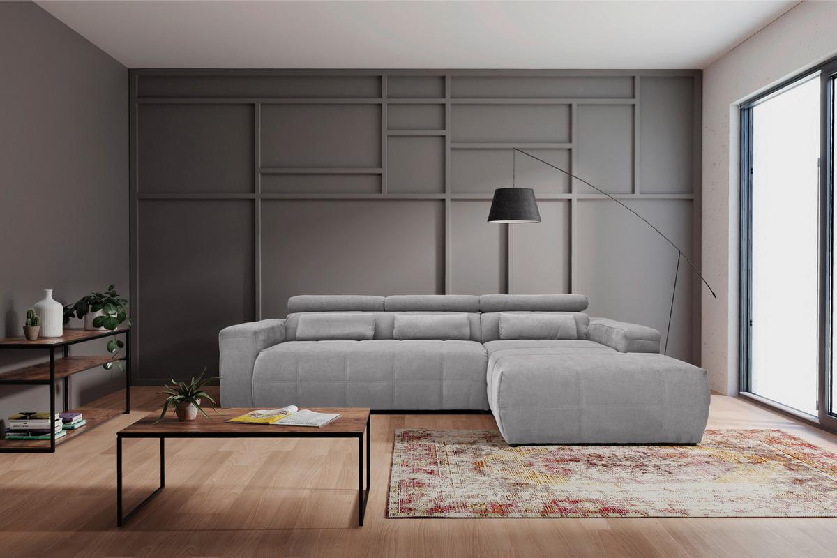 Ecksofa + Kopfteilverstellung Brandon Silberfarben - Silberfarben/Schwarz, Design, Textil (285/175cm) - MID.YOU