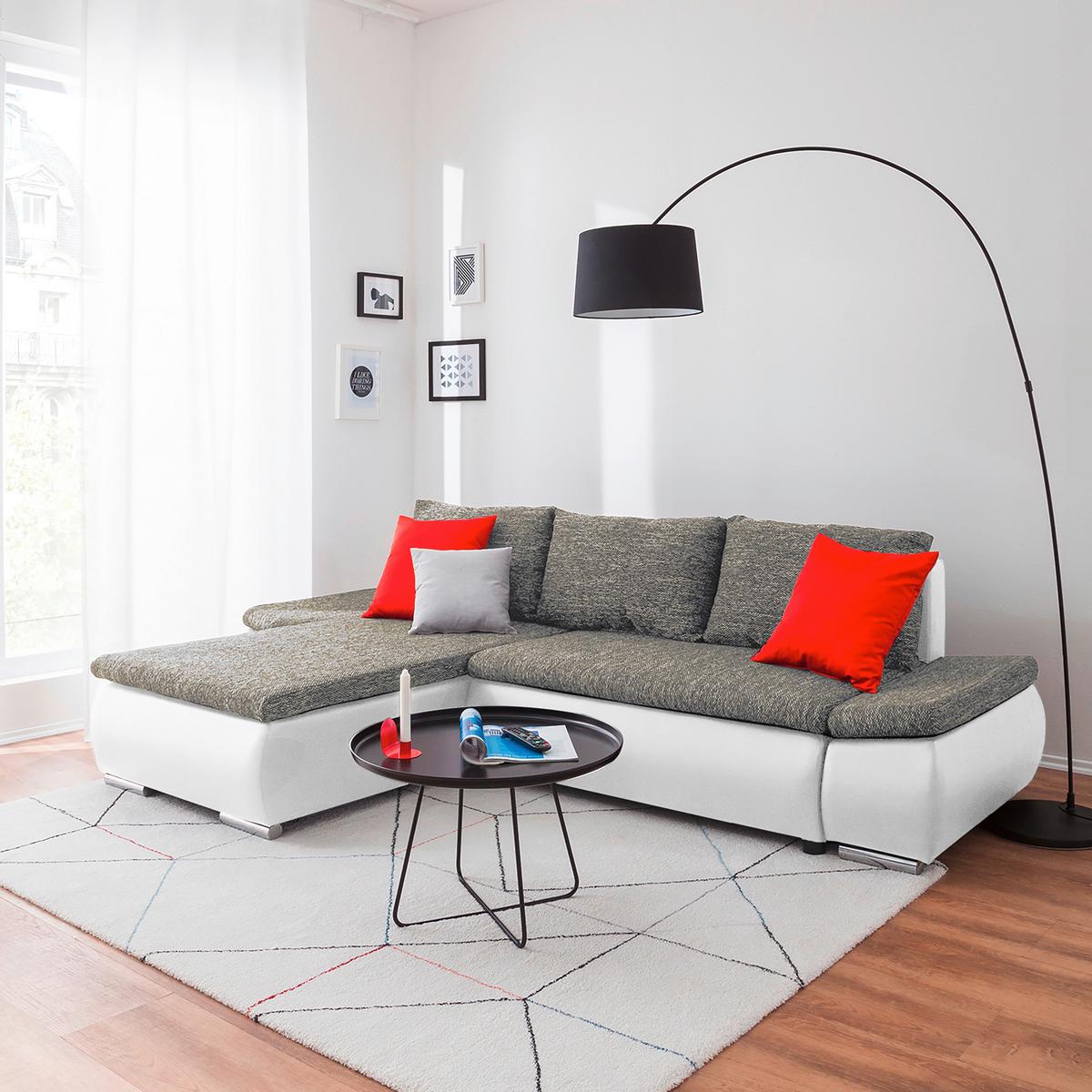 Ecksofa Acra Grau, Weiß B: 266x175 Cm - Chromfarben/Schwarz, Design, Textil (266/175cm) - Livetastic