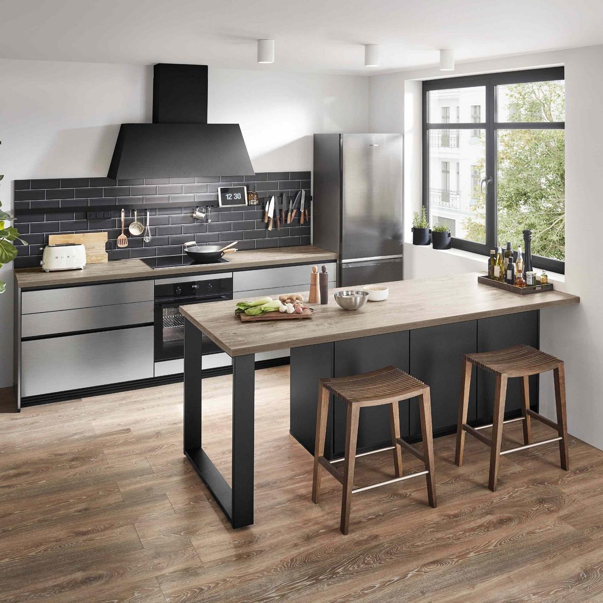 Einbauküche Indiana Frei Planbar Modern, Grifflos - Edelstahlfarben, MODERN, Holzwerkstoff - Vertico