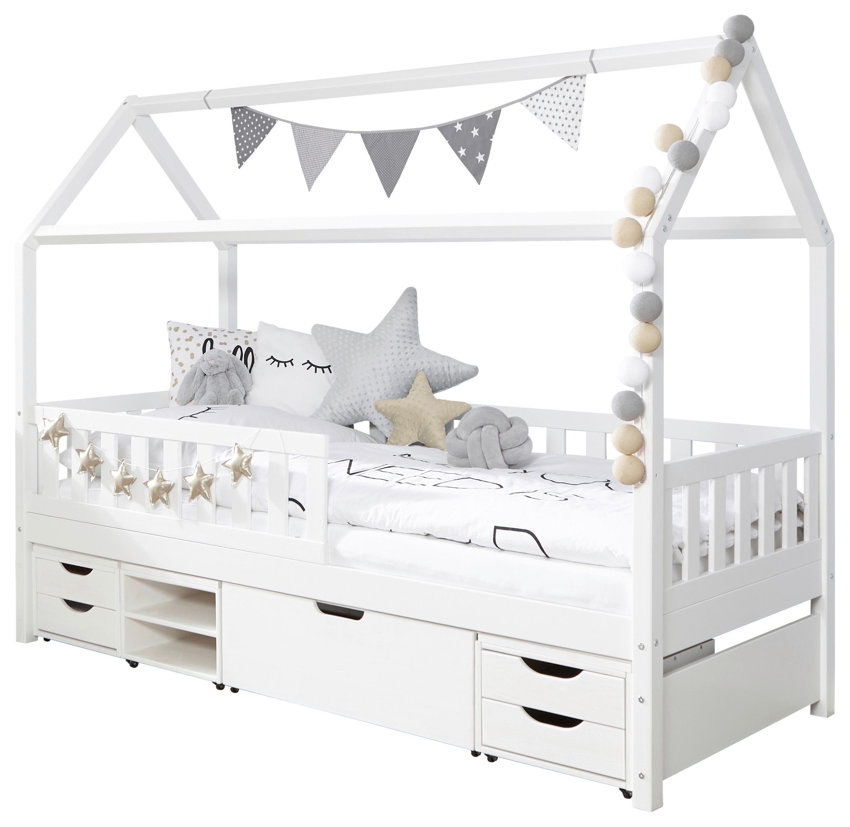 Hausbett 200x90 cm Weiß mit Stauraum