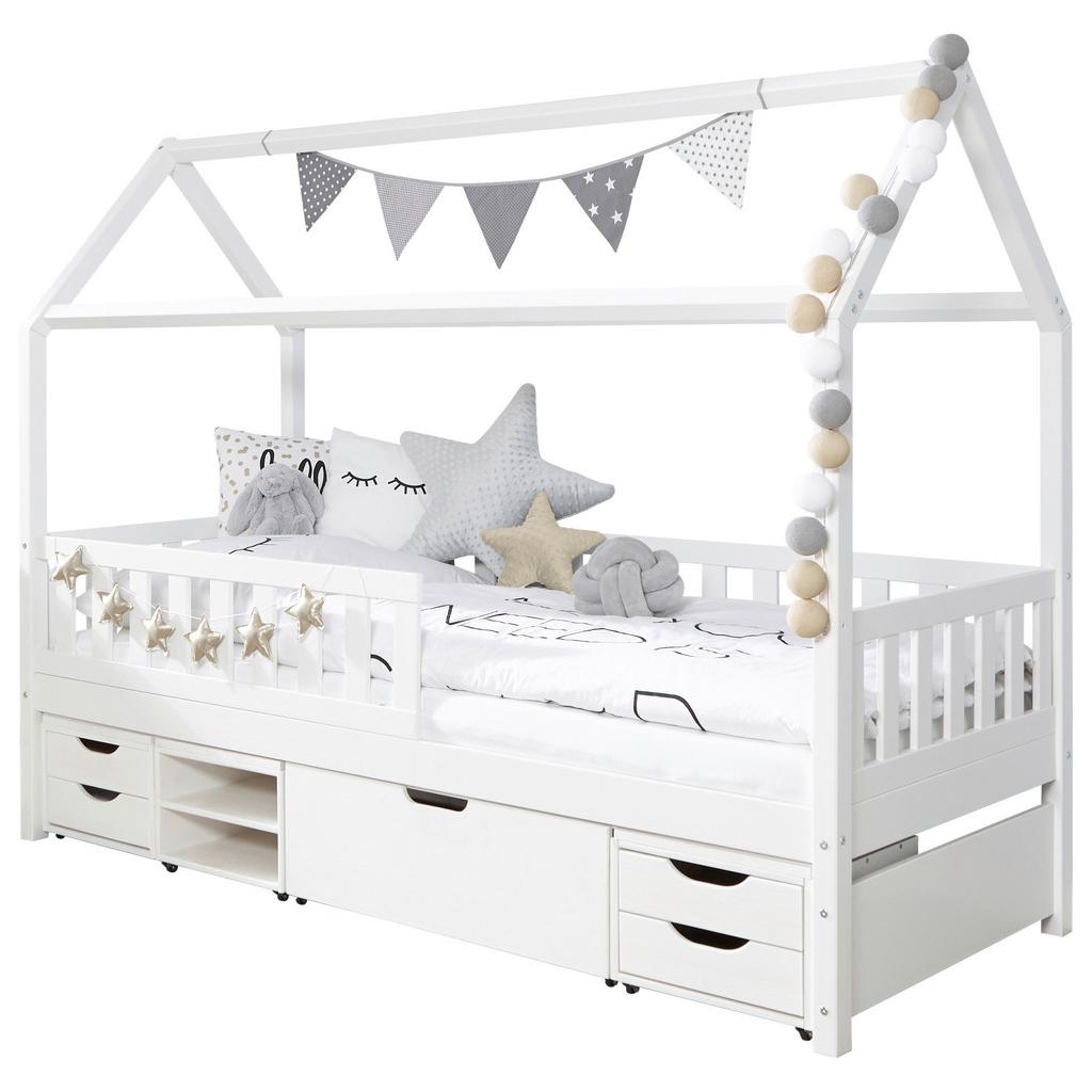 Hausbett 200x90 cm Weiß mit Stauraum