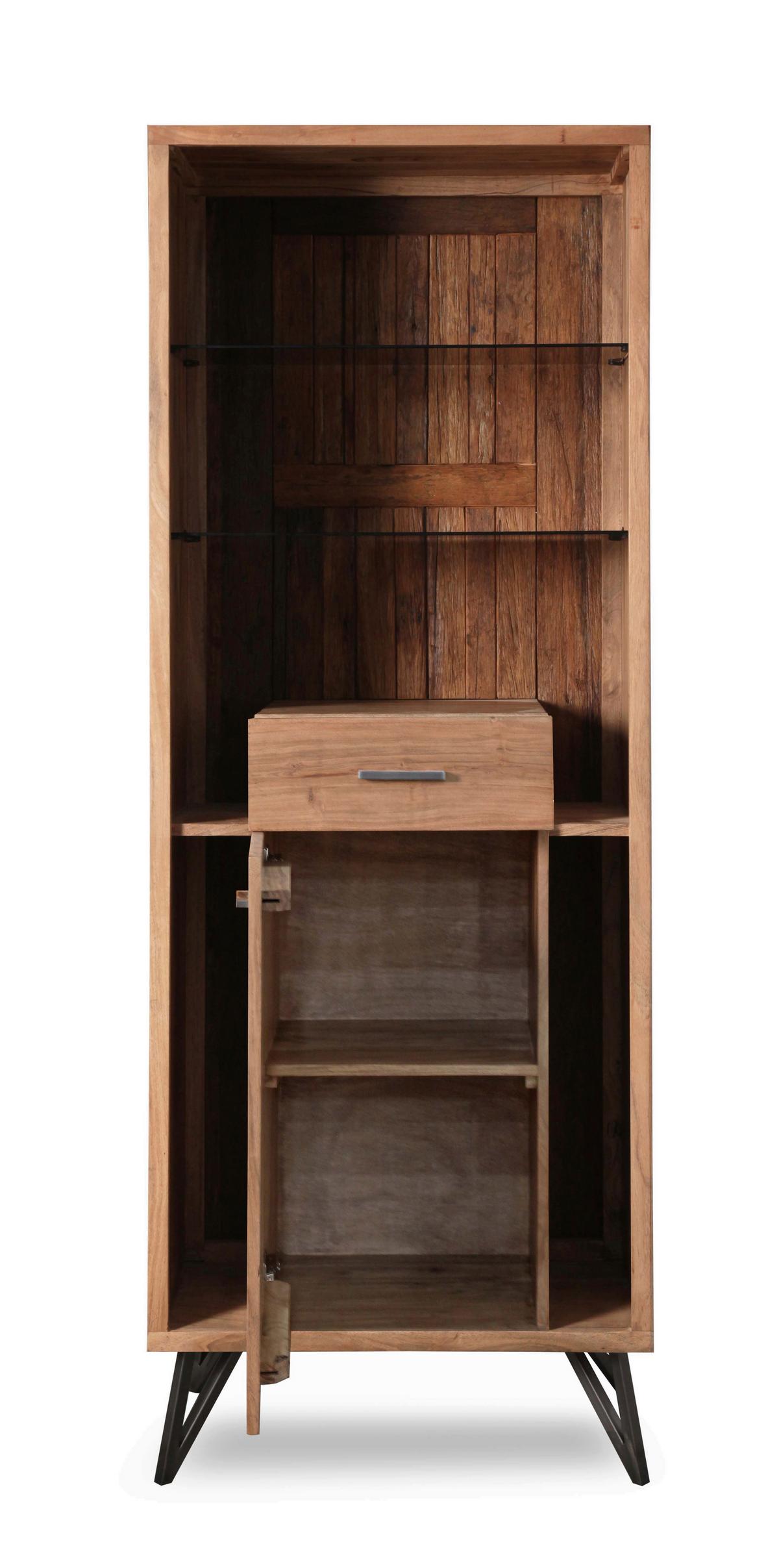 Vitrine Indira Akazie Massiv, B: 72 cm - Schwarz/Akaziefarben, ROMANTIK / LANDHAUS, Holz/Metall (72/195/40cm)