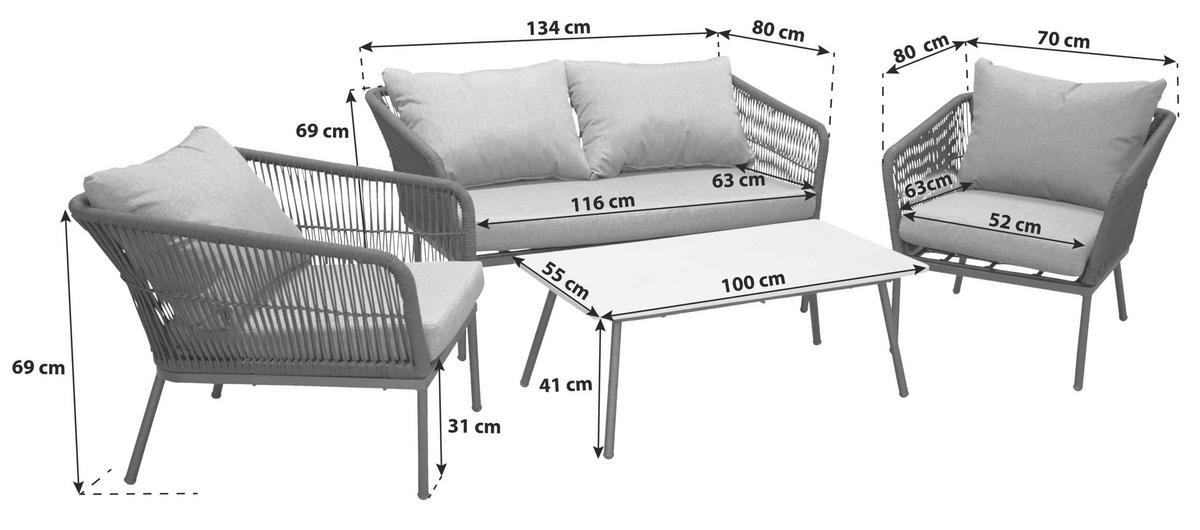 Loungegarnitur 4-Tlg. Lindos aus Aluminium mit Kissen - Schwarz/Grau, KONVENTIONELL, Kunststoff/Textil (134/69/80cm) - Gardenson
