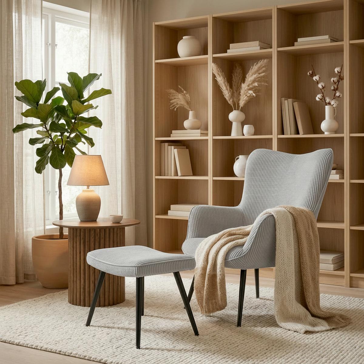 Kreslo s taburetkou AURORA, sivý menčester, max. 120 kg - čierna/sivá, Modern, kov/drevo (68/98/74cm) - Bessagi Home