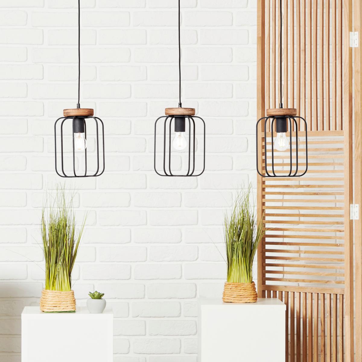 Hängeleuchte Tosh H: 130 Cm 3-Flammig, Käfigschirme - Schwarz/Braun, LIFESTYLE, Holz/Metall (100/20/130cm) - Brilliant