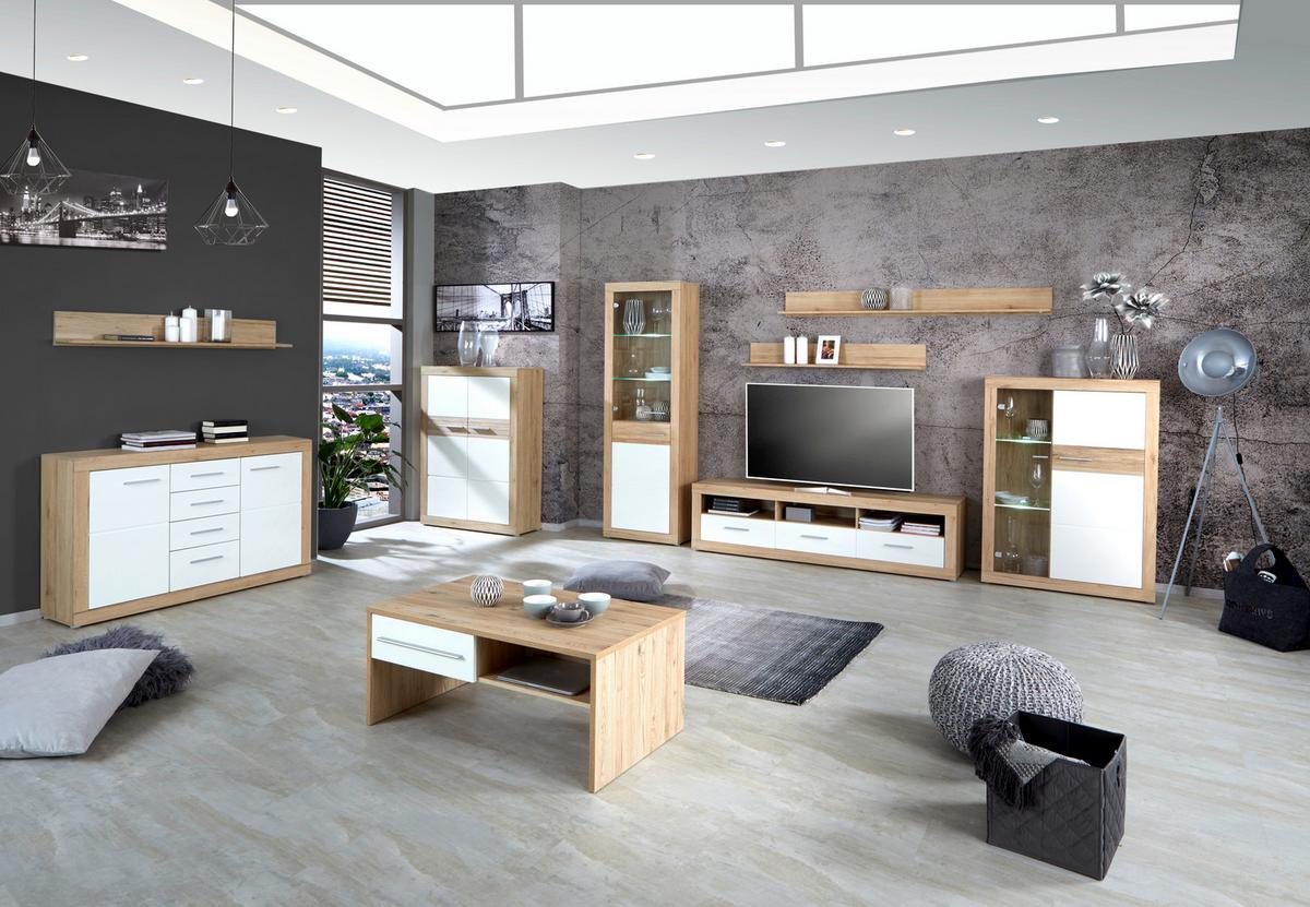 Wohnkombination 5 -teilig. Mit Led Malta 8, Eiche Dekor/weiß - Eichefarben/Weiß, MODERN, Glas/Holzwerkstoff (329/197/42cm)