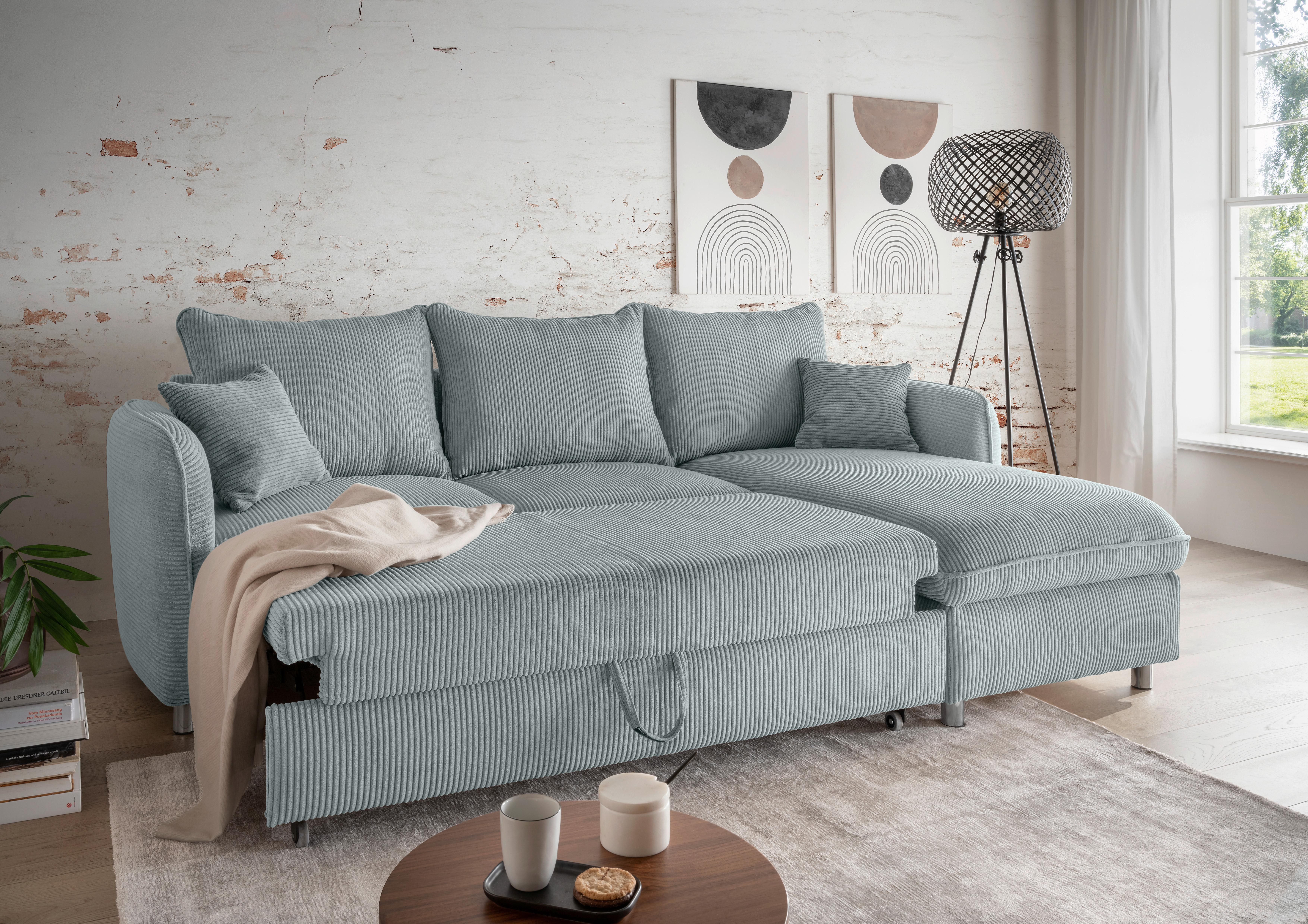Eckschlafsofa Lauritio Hellblau S: 254x160 cm - Chromfarben/Hellblau, MODERN, Textil (254/160cm) - Livetastic