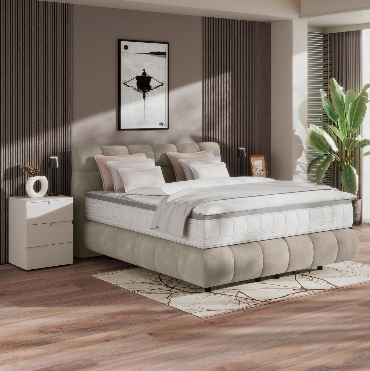 Boxspringbett Nobu Taupe, Lf: 180x200 cm - Taupe/Schwarz, Trend, Holz/Textil (180/200cm)