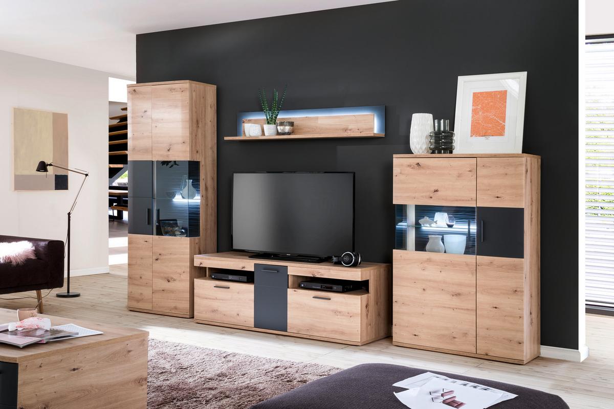 Wohnkombination 4-Tlg. Cortona Anthrazit/Eichefarben - Klar/Eichefarben, Design, Glas/Holzwerkstoff (330/198/50cm) - Livetastic