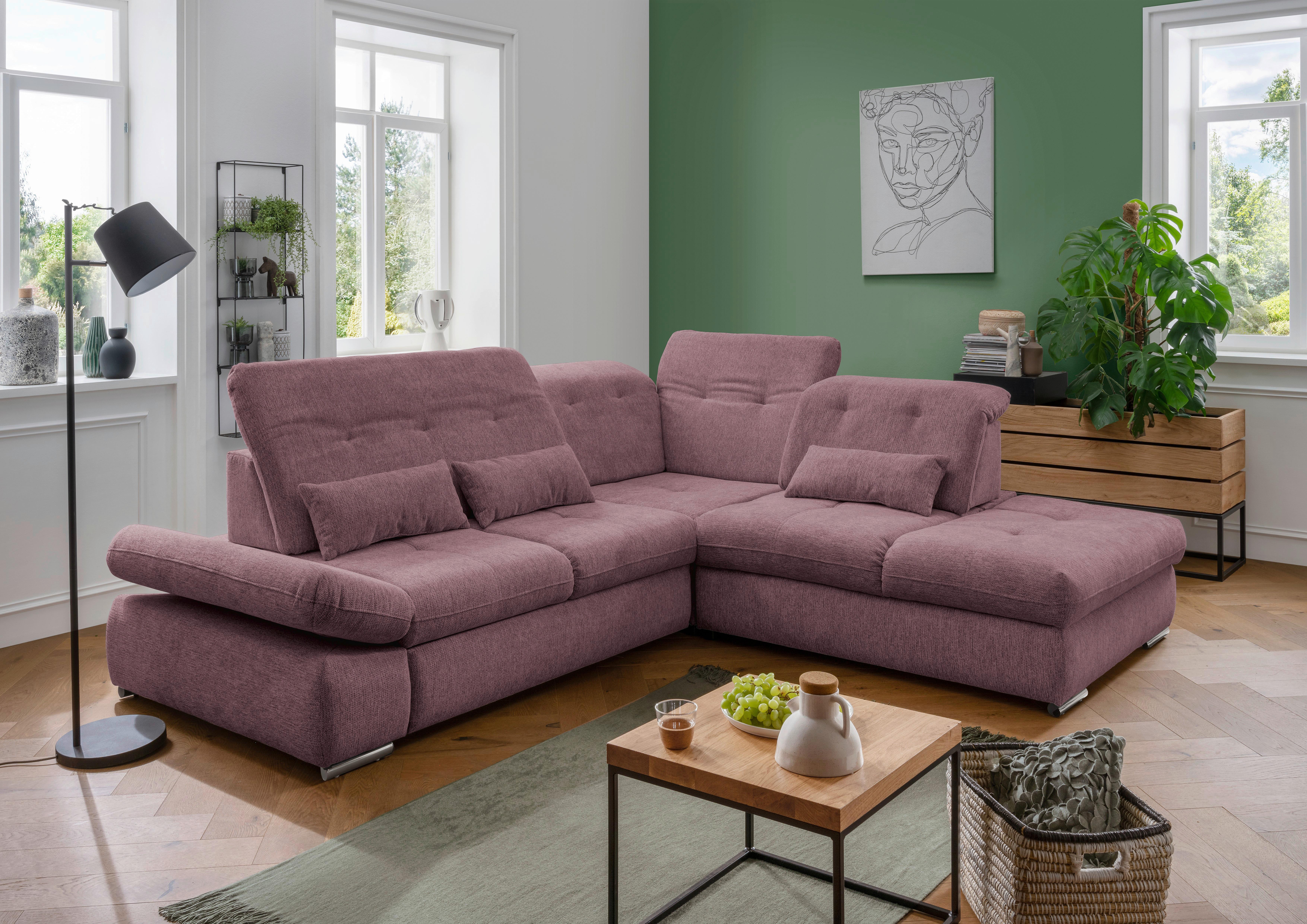Ecksofa mit Schlaffunktion Dalida Brombeere Chenille - Chromfarben/Brombeere, Design, Textil (280/254cm) - Livetastic