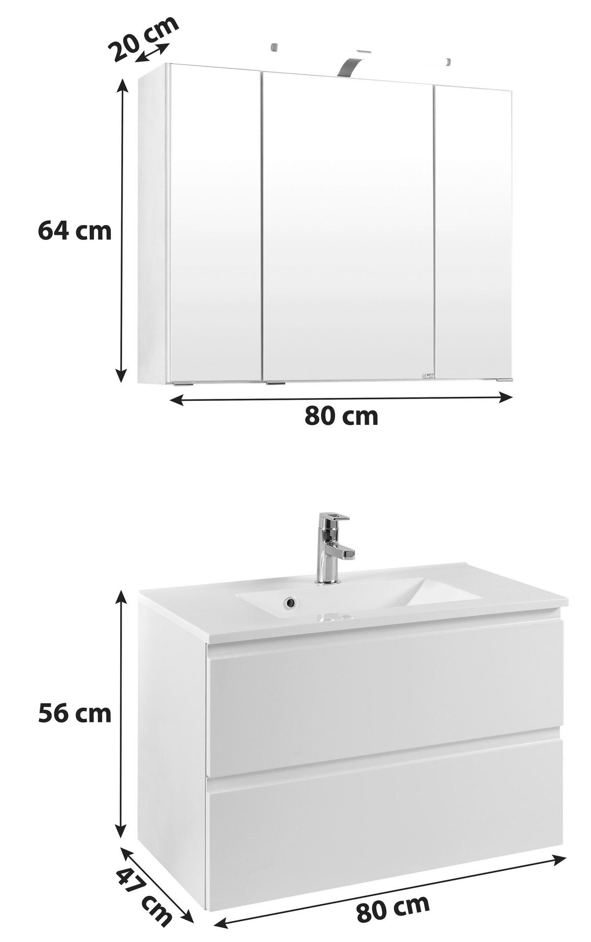 Badmöbel-Set 2-Tlg. inkl. LED Cardiff B: 80 cm, Graphit - Weiß/Grau, Design, Holzwerkstoff/Stein (80cm) - Held