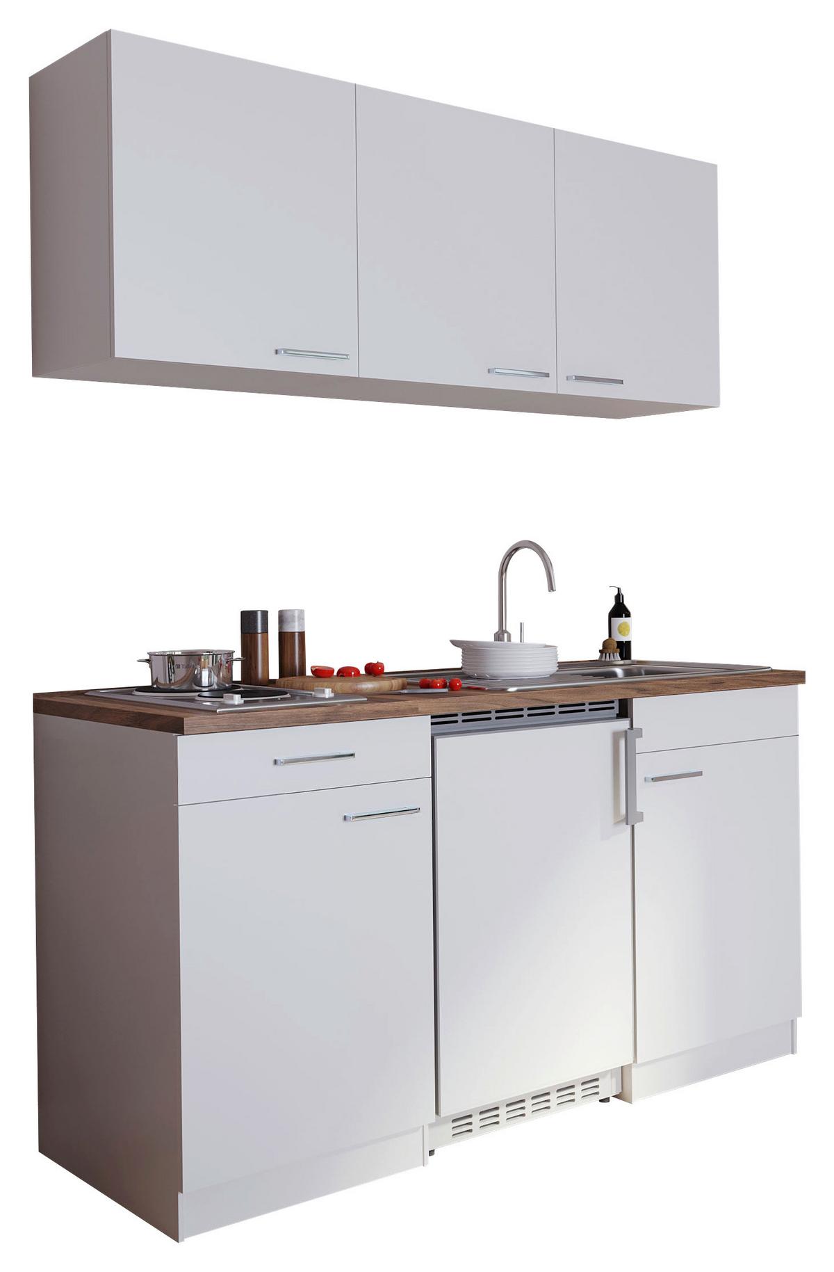 Miniküche Economy mit Geräten 150 cm Weiß/ Nussbaum Dekor - Nussbaumfarben/Weiß, Basics, Holzwerkstoff (150cm) - Respekta