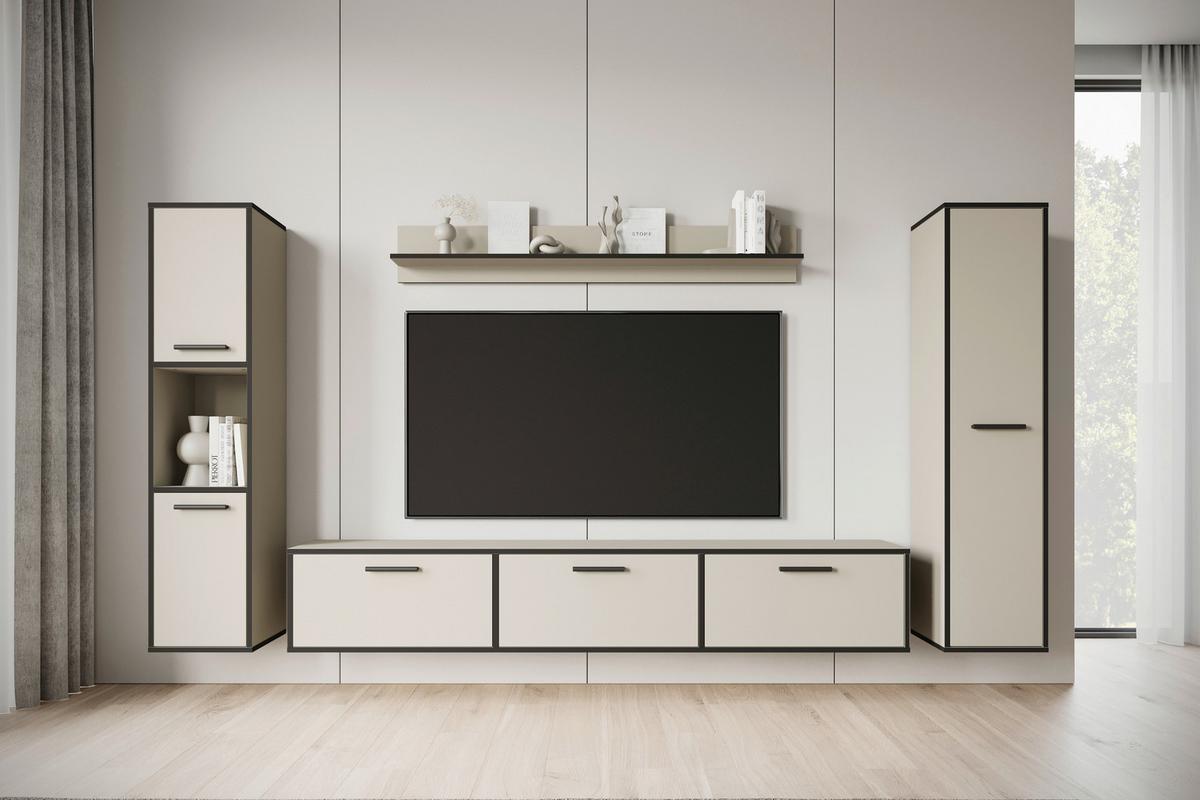 Wohnwand 4 -Teilig. Bogota XL Kaschmir/Graphitfarben - Kaschmir/Schwarz, Basics, Holzwerkstoff (240/130/31cm) - P & B