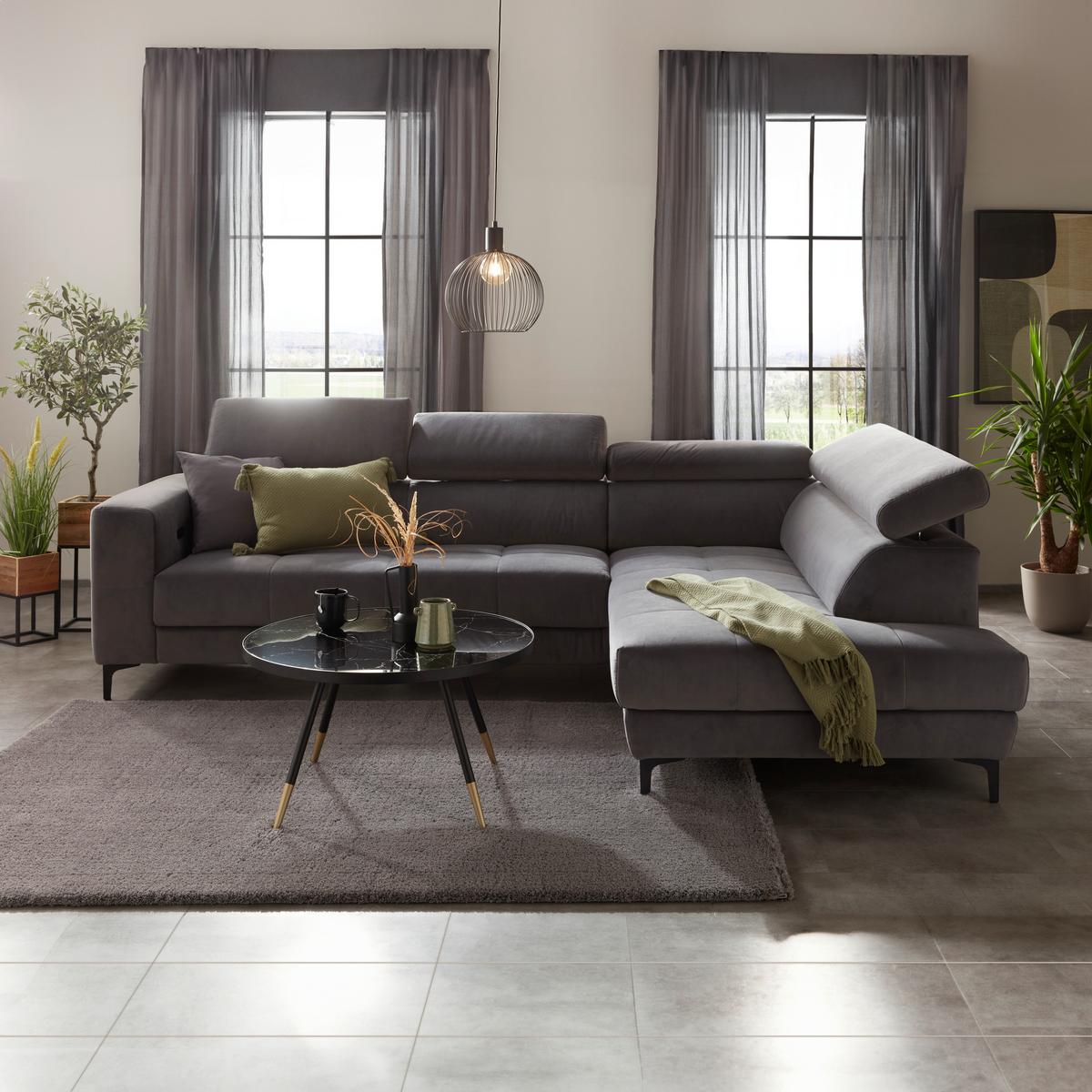 Rohová sedačka EMMA, pravá, šedá,nast.op.hl.,USB,el. výsuv - šedá/černá, Moderní, textil (301/47/210cm) - Premium Living