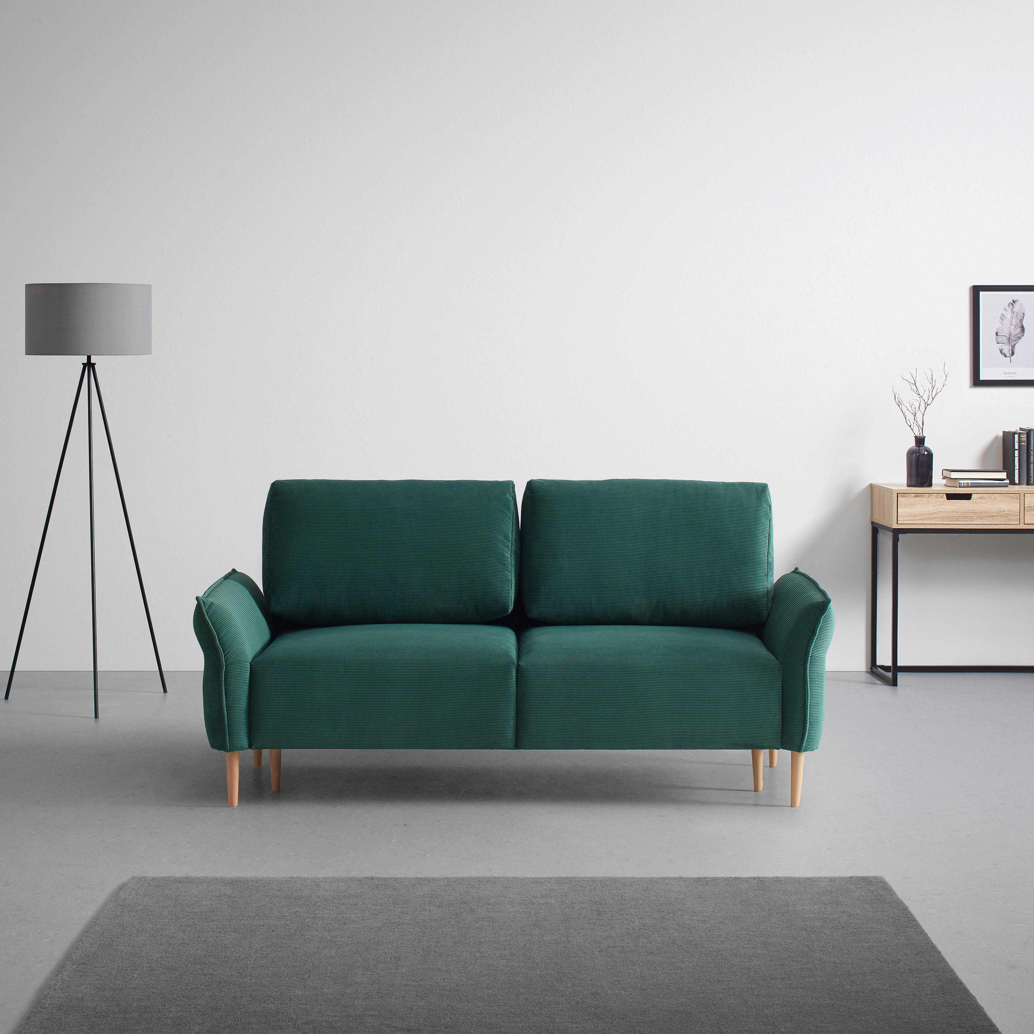 Třímístná pohovka CUSTOM, tmavě zelený manšestr - tmavě zelená/přírodní barvy, Moderní, dřevo/textil (183/85/92cm) - Mömax