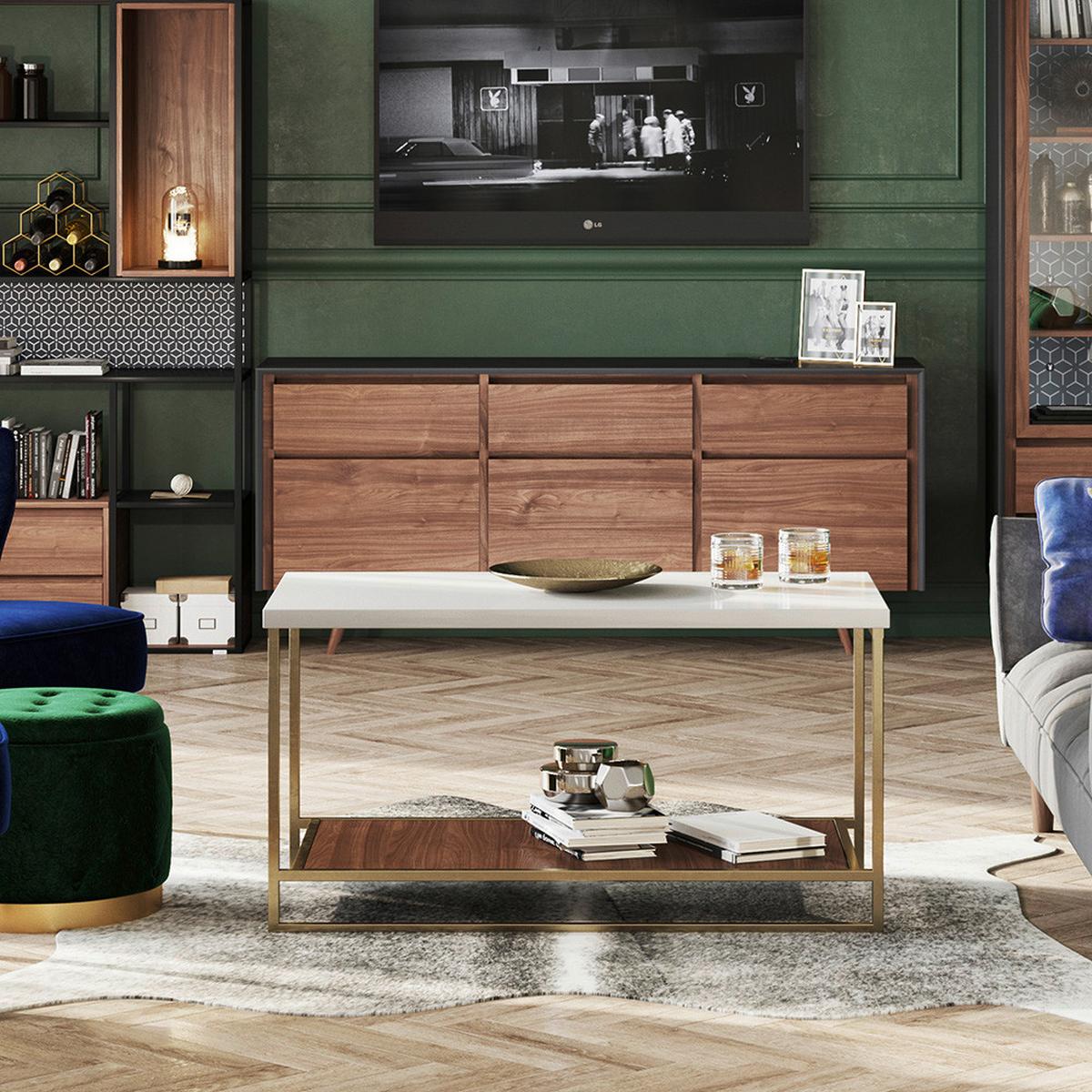 Couchtisch mit Ablagefläche Olivia, Weiß/Braun/Gold - Goldfarben/Nussbaumfarben, KONVENTIONELL, Holzwerkstoff/Metall (120/60/45cm) - Playboy