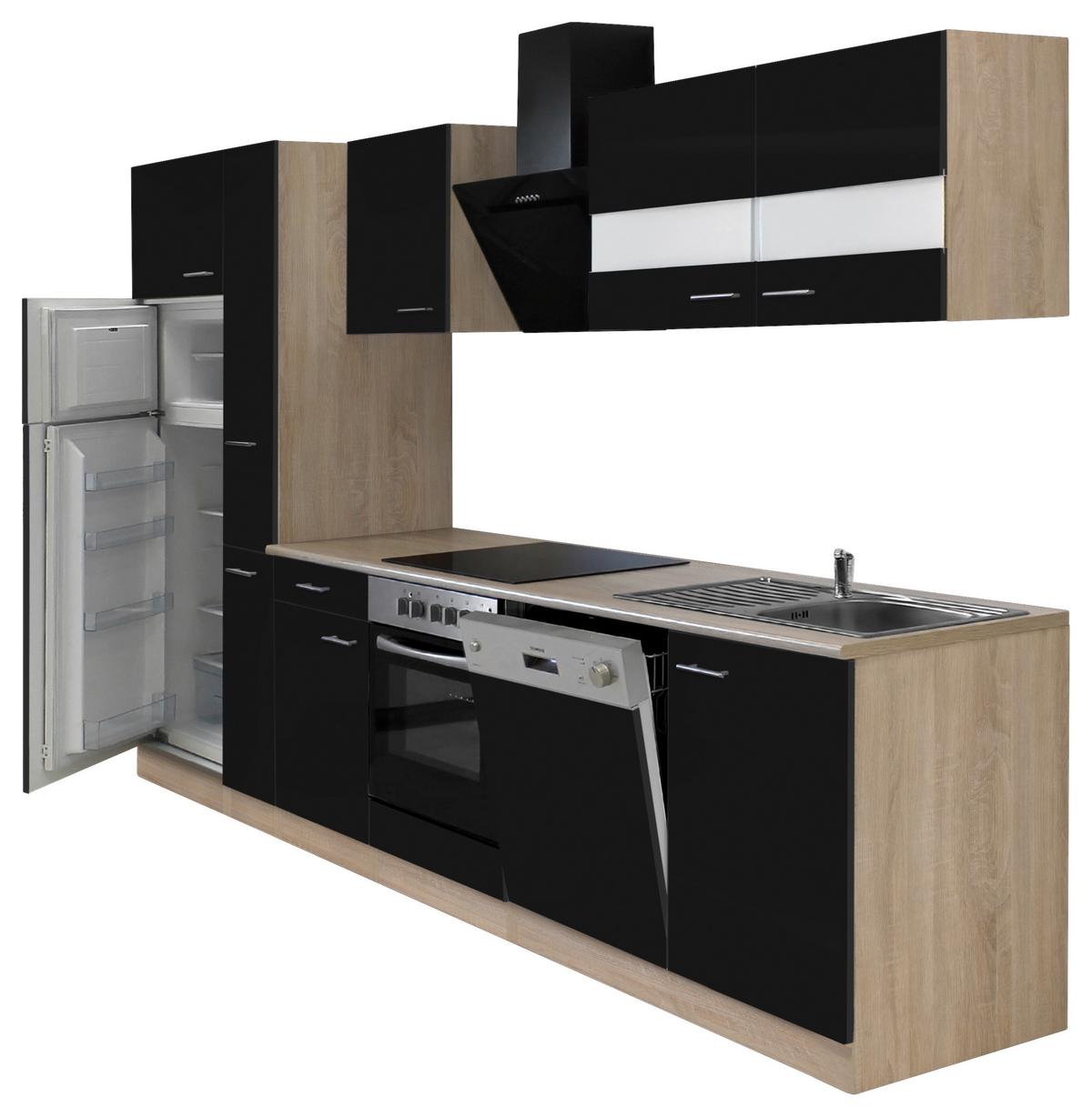 Küchenzeile Economy mit Geräten 310 cm Schwarz/Eiche Dekor - Eichefarben/Schwarz, Basics, Holzwerkstoff (310cm) - Respekta