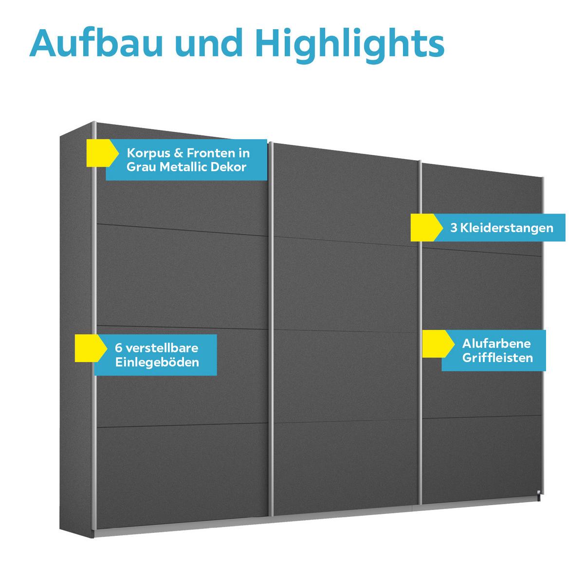 Schwebetürenschrank 271cm Belluno, Grau Metallic Dekor - Grau, MODERN, Holzwerkstoff (271/230/62cm) - Rauch Möbel