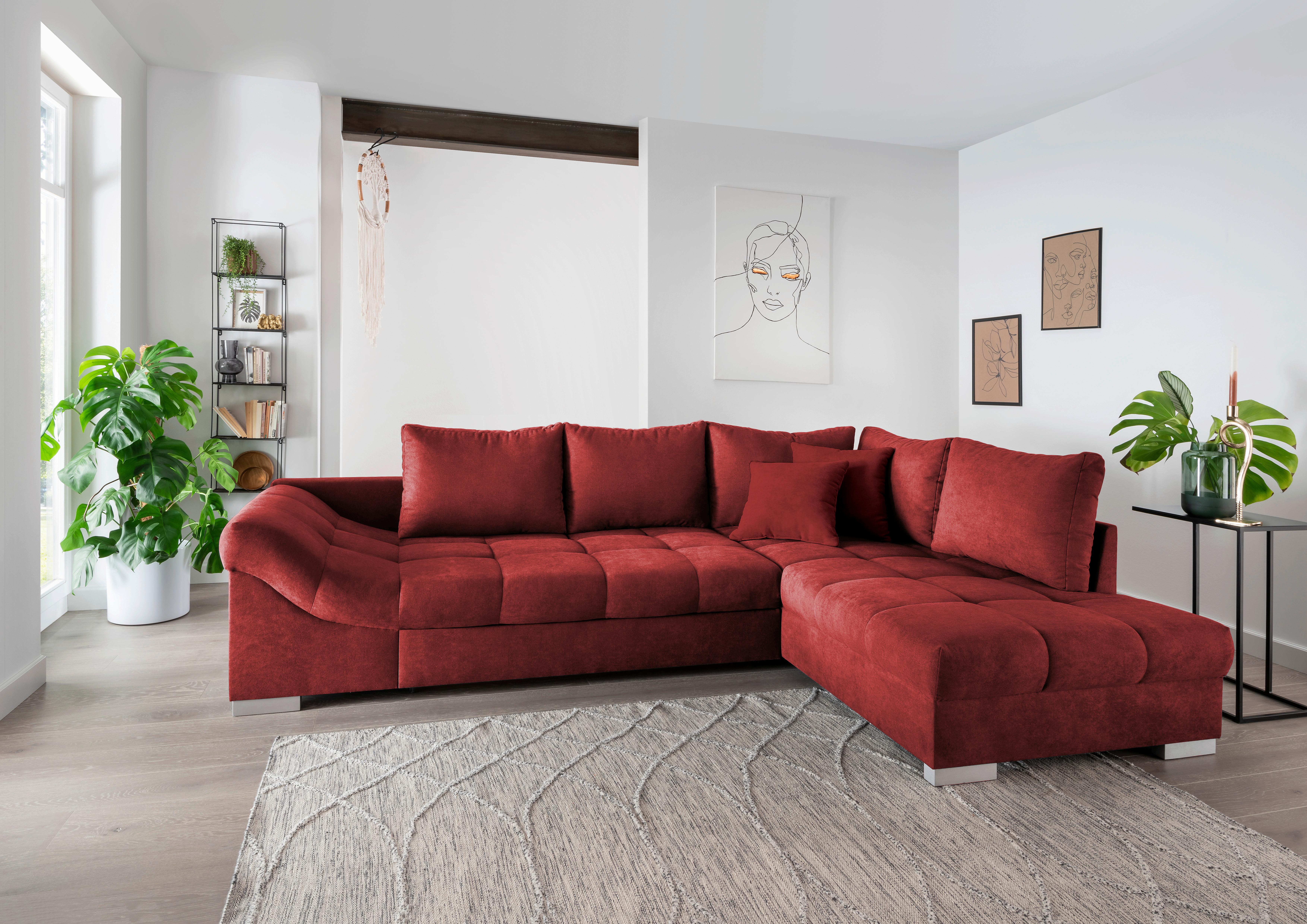 Eckschlafsofa Alvito Rot S: 298/202 cm - Rot/Silberfarben, Design, Textil (298/202cm) - MID.YOU