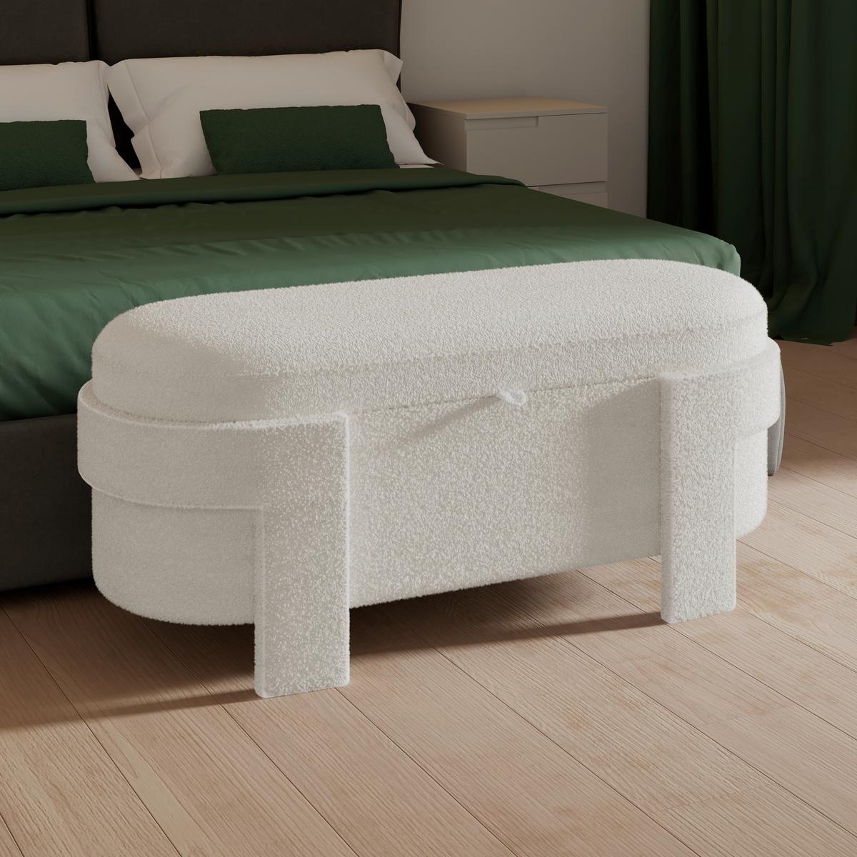 Čalouněná taburetka BENJI s úlož.prostorem, slonovinová - slonovinová, Moderní, dřevo/textil (125/51/49cm) - Bessagi Home