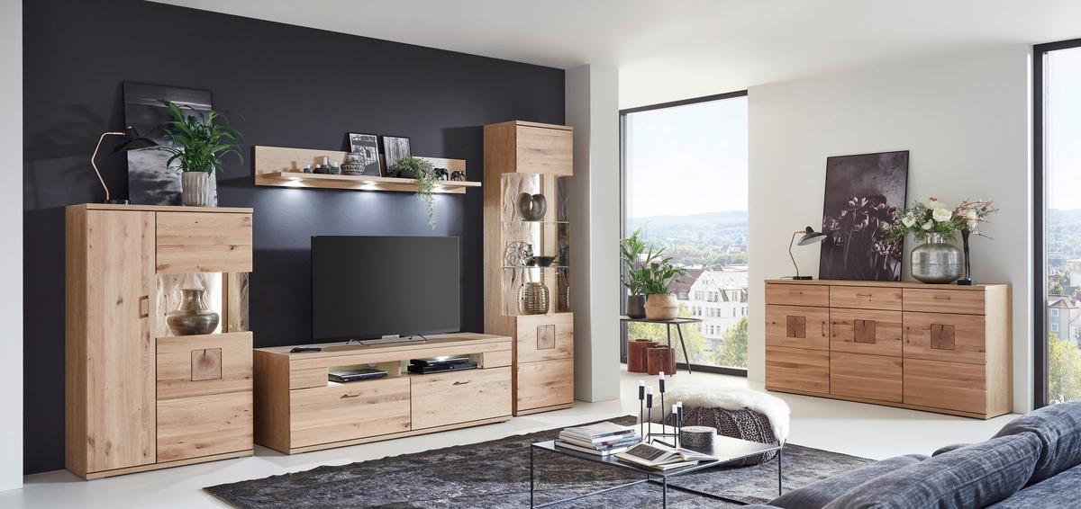 Wohnwand Kansas - Alteiche/Silberfarben, KONVENTIONELL, Glas/Holz (330/208,3/50,2cm) - Livetastic