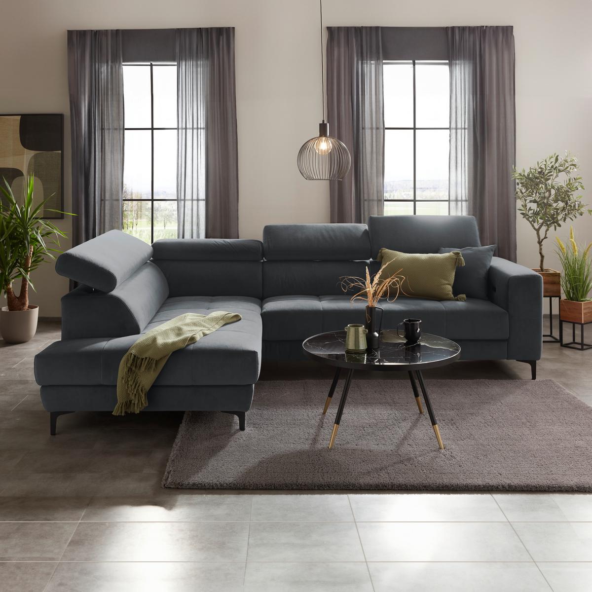 Rohová sedačka EMMA, ľavá, modrosivá,op.hl.,USB,el.výsuv - čierna/modrosivá, Modern, textil (210/301cm) - Premium Living
