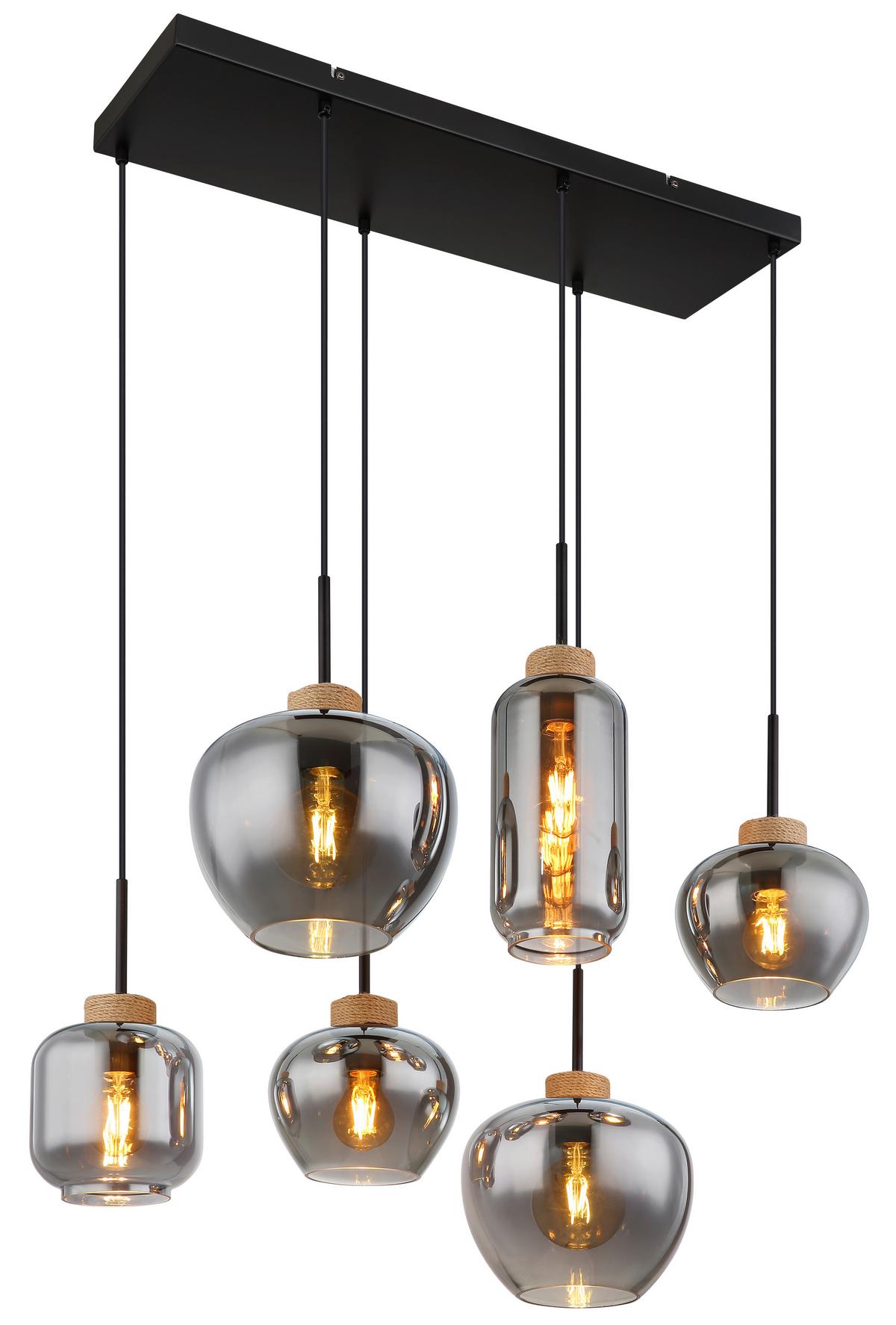 Hängeleuchte 6-Flammig Indoor - Schwarz/Naturfarben, Design, Glas/Textil (80/40/120cm) - Globo