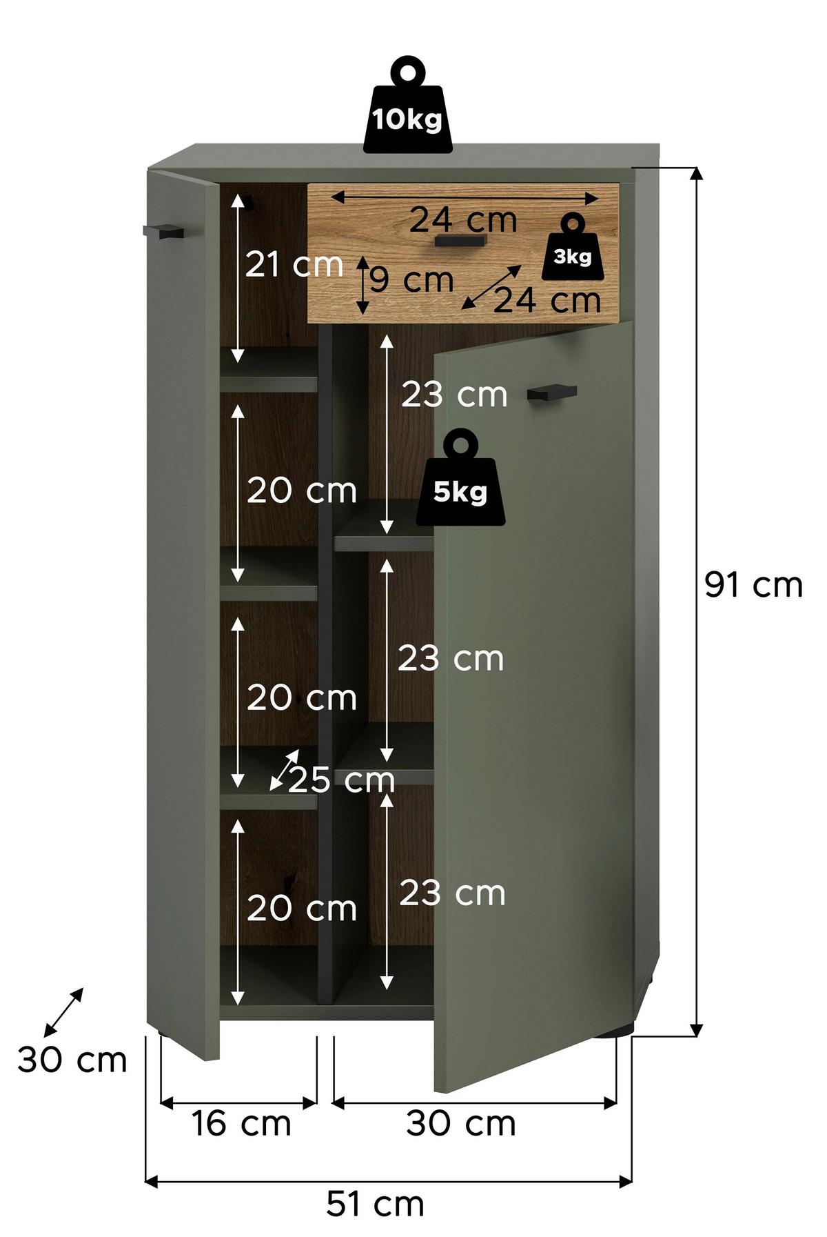 Midischrank Aqua Grün/Eichefarben B: 51cm - Eichefarben/Schwarz, Trend, Holzwerkstoff (51/91/30cm) - MID.YOU