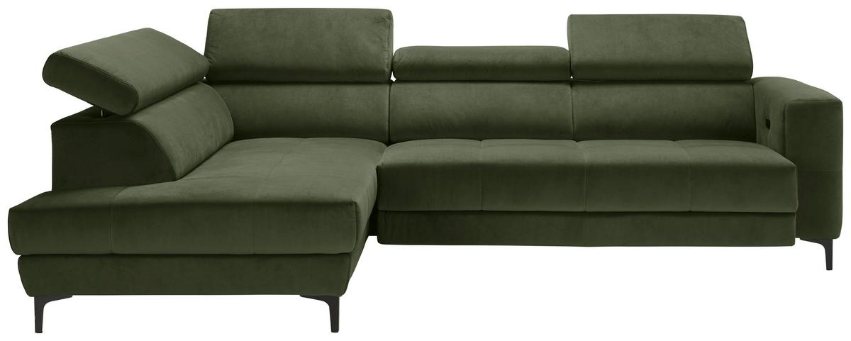 Rohová sedačka EMMA, ľavá, oliv.zel.,op.hl.,USB,el.výsuv - olivovozelená/čierna, Modern, textil (210/301cm) - Premium Living
