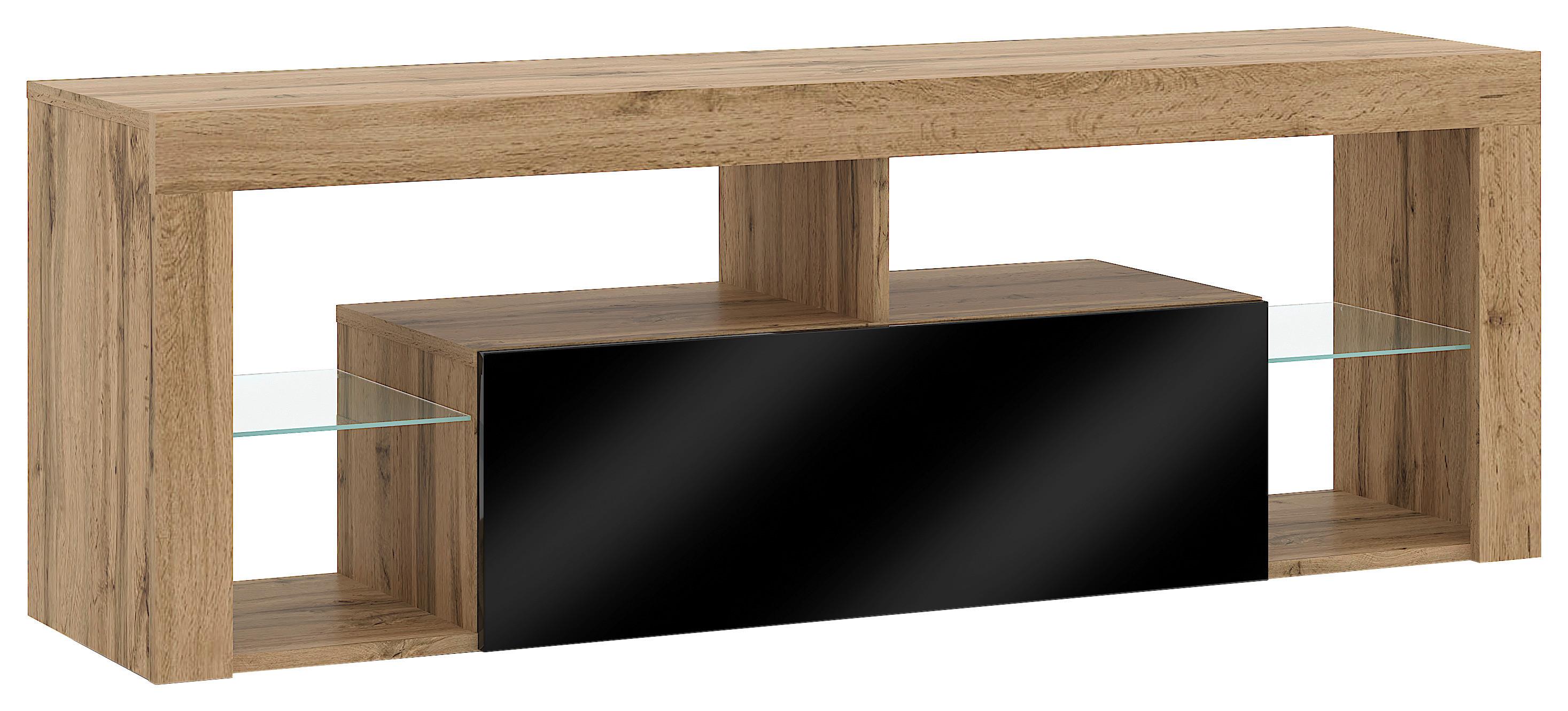 LOWBOARD EVEREST 140 - Eiche Wotan/Schwarz, Design, Glas/Holzwerkstoff (140/50,5/35cm) - Livetastic