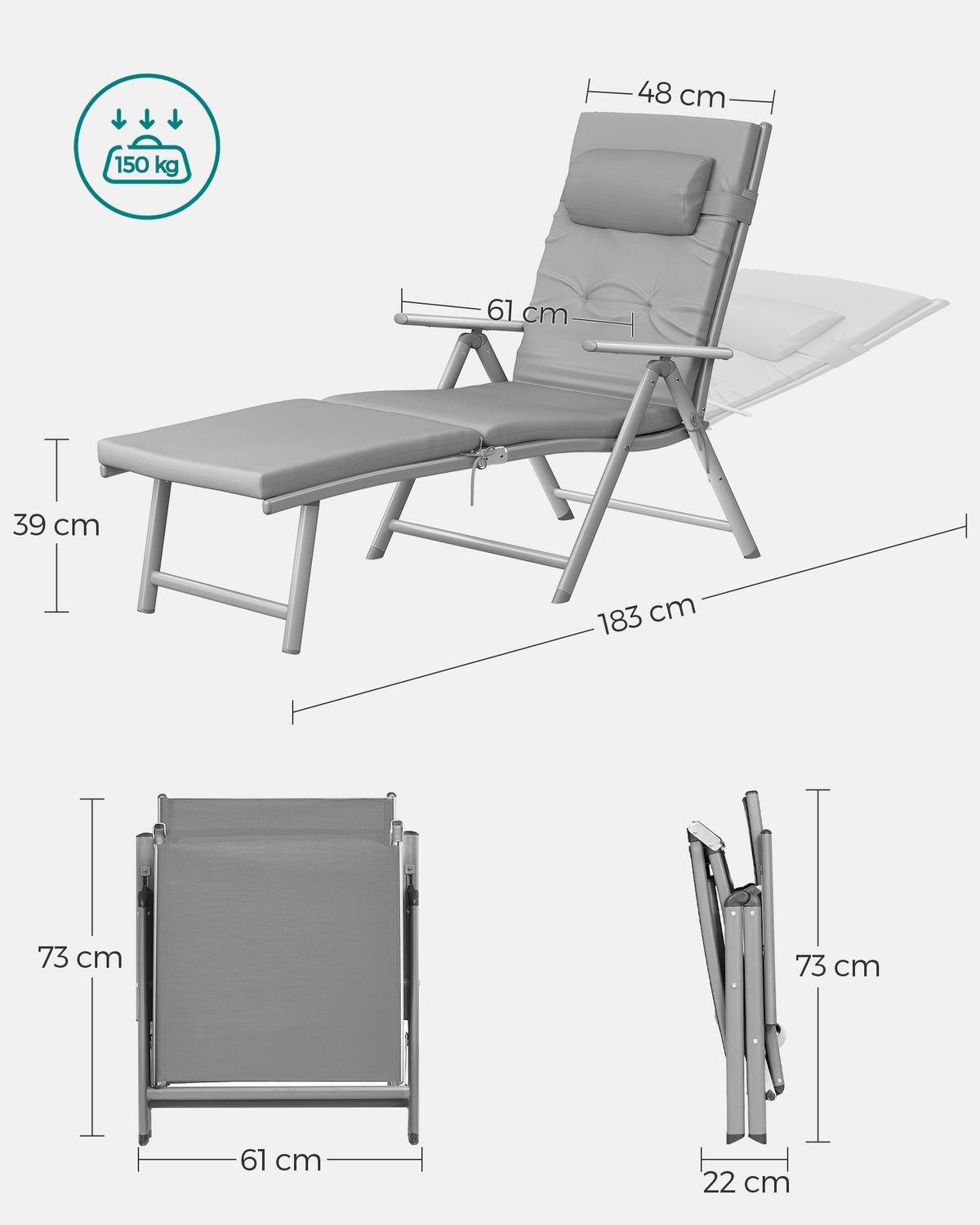 Sonnenliege Grau verstellbar, B: 61cm - Grau, Basics, Textil/Metall (61/39/183cm) - Modante