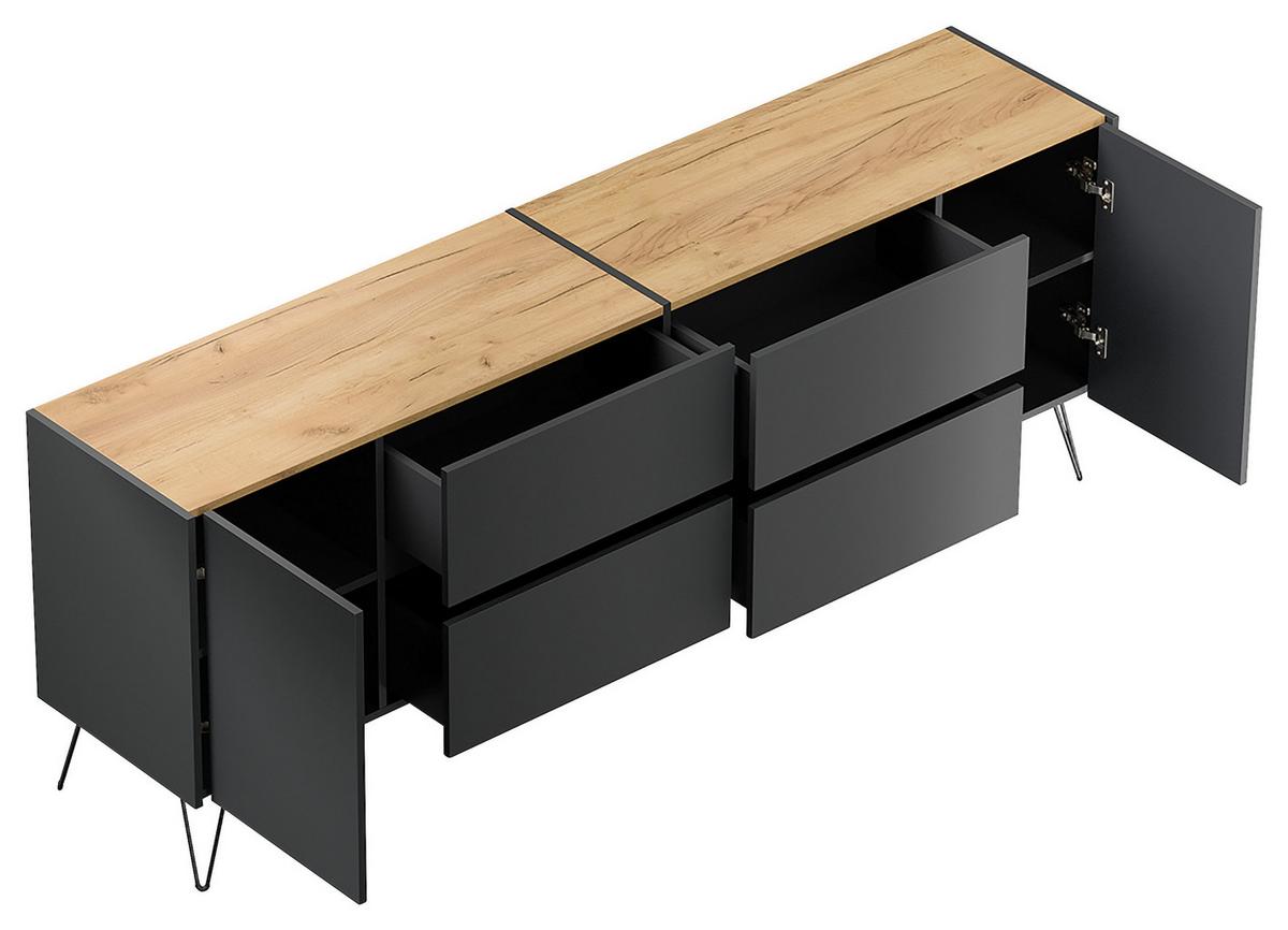 Sideboard Posseik Industrial Graphit/Eichefarben B: 199 cm - Eichefarben/Schwarz, Design, Holzwerkstoff (199/75,8/42cm) - P & B