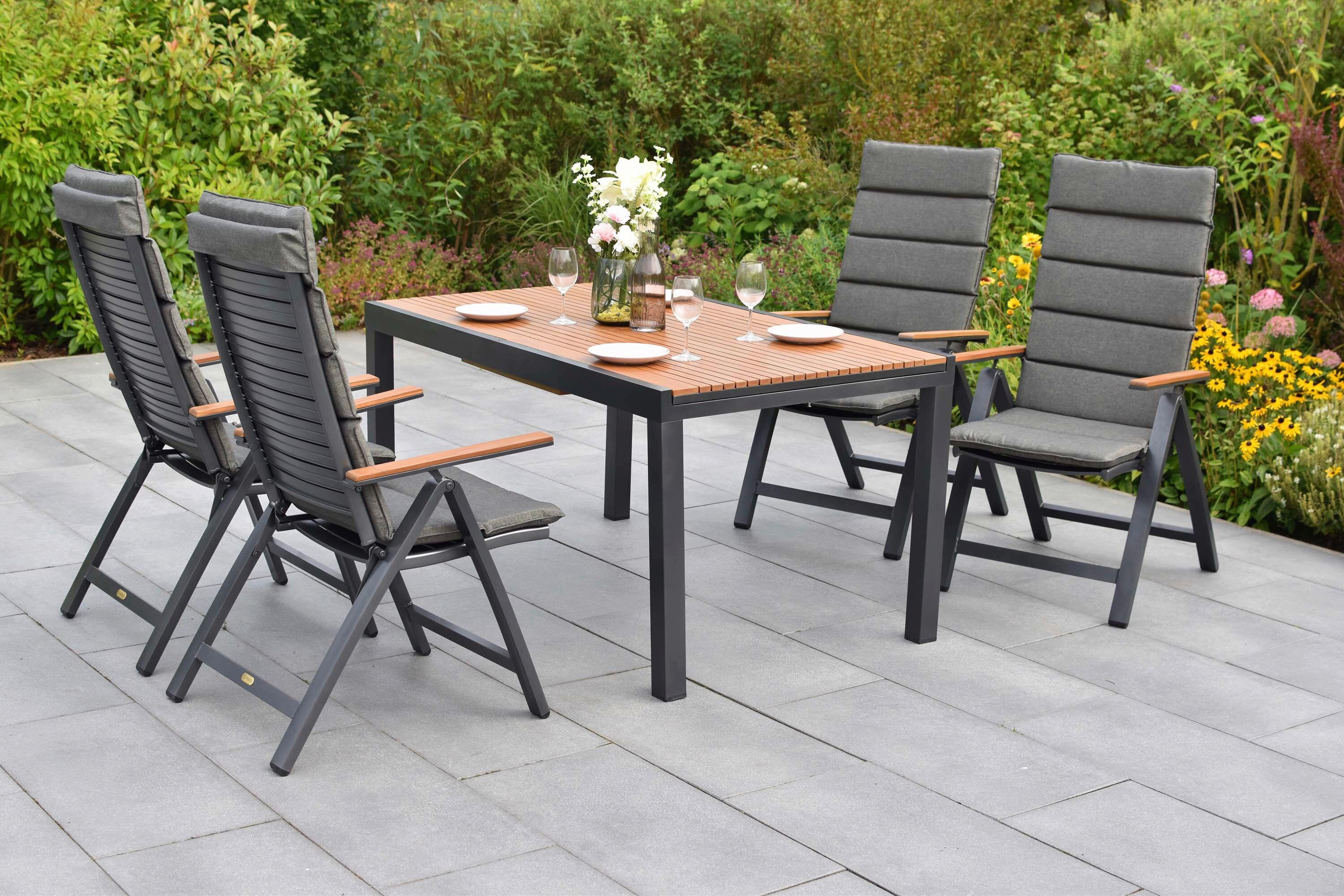 Gartentischgruppe Astros 9 -Teilig. Graphitfarben/Natur - Graphitfarben/Naturfarben, KONVENTIONELL, Kunststoff/Textil (90/150-200/75cm) - Gardenson