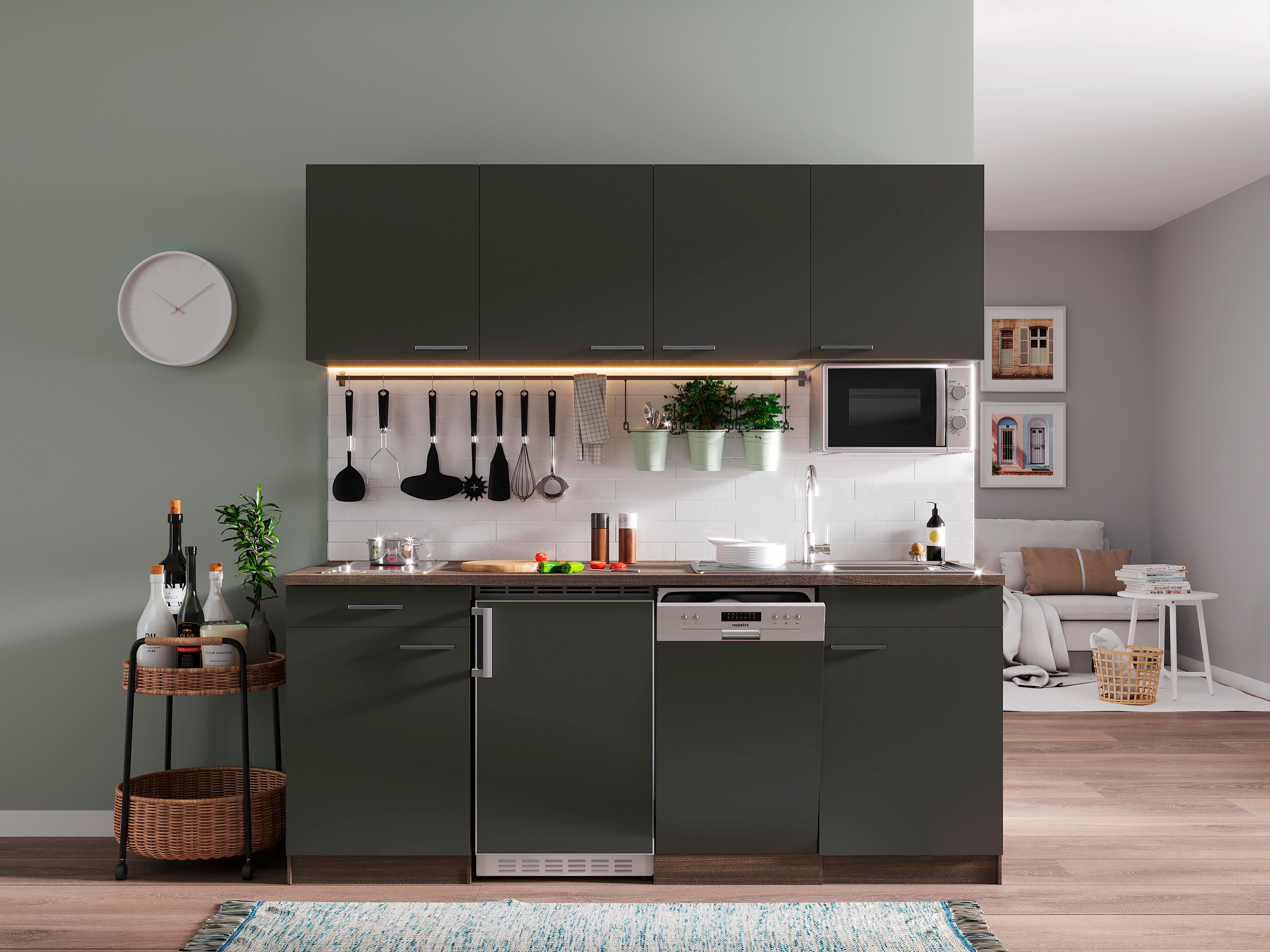Küchenzeile Economy mit Geräten 195 cm Grau/Eiche Dekor Modern - Eichefarben/Grau, Basics, Holzwerkstoff (195cm) - Respekta