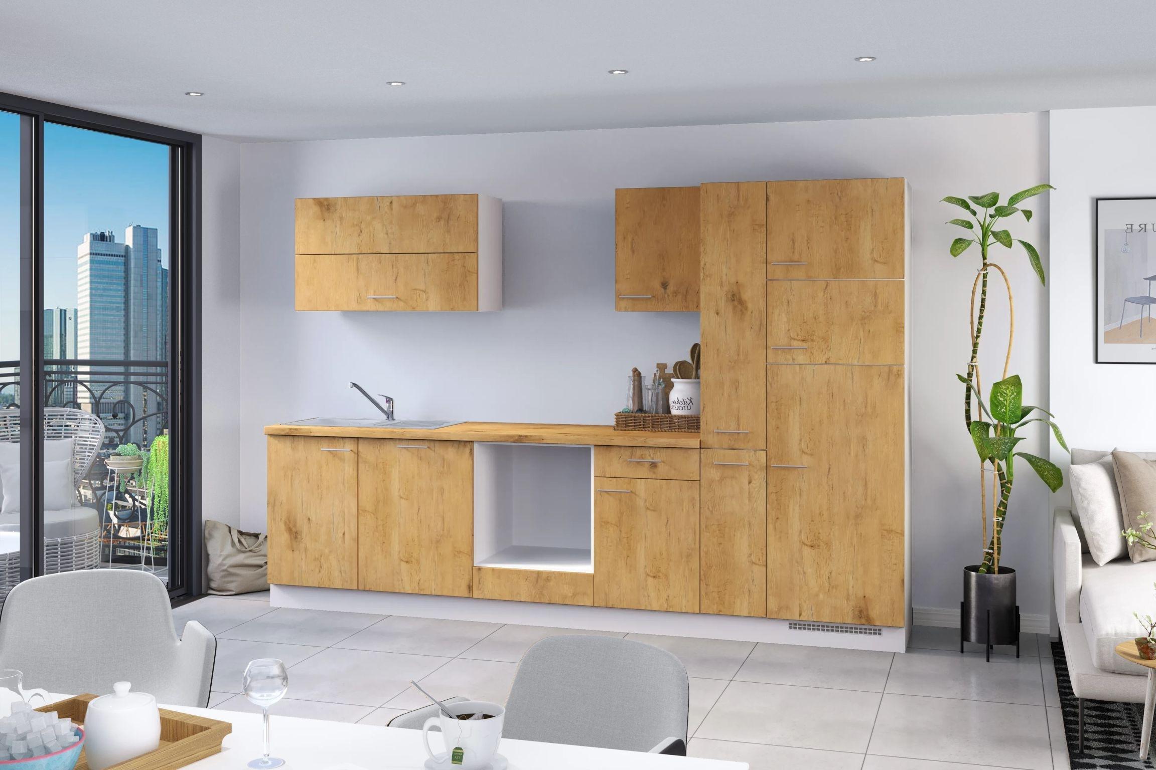 Küchenzeile Ip1200 Ohne Geräte 310 Cm Eiche Dekor - Eichefarben/Weiß, Basics, Holzwerkstoff (310cm)
