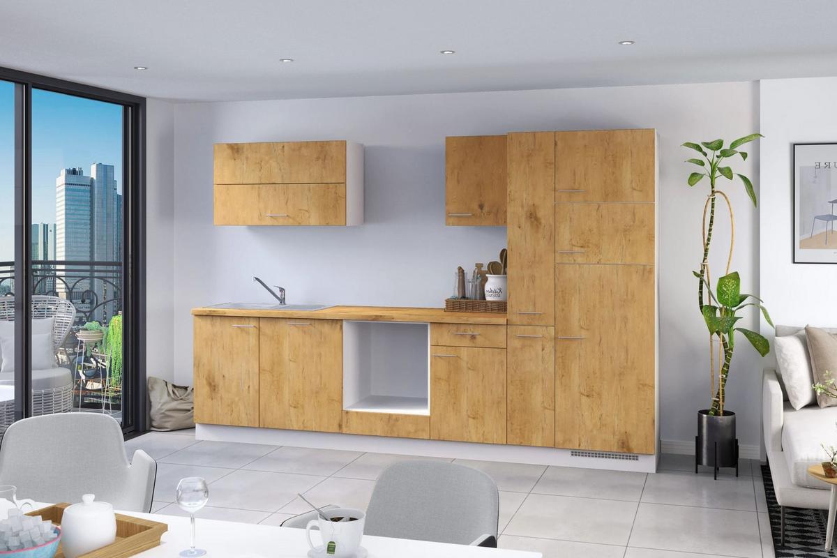 Küchenzeile Ip1200 Ohne Geräte 310 Cm Eiche Dekor - Eichefarben/Weiß, Basics, Holzwerkstoff (310cm) - Impuls