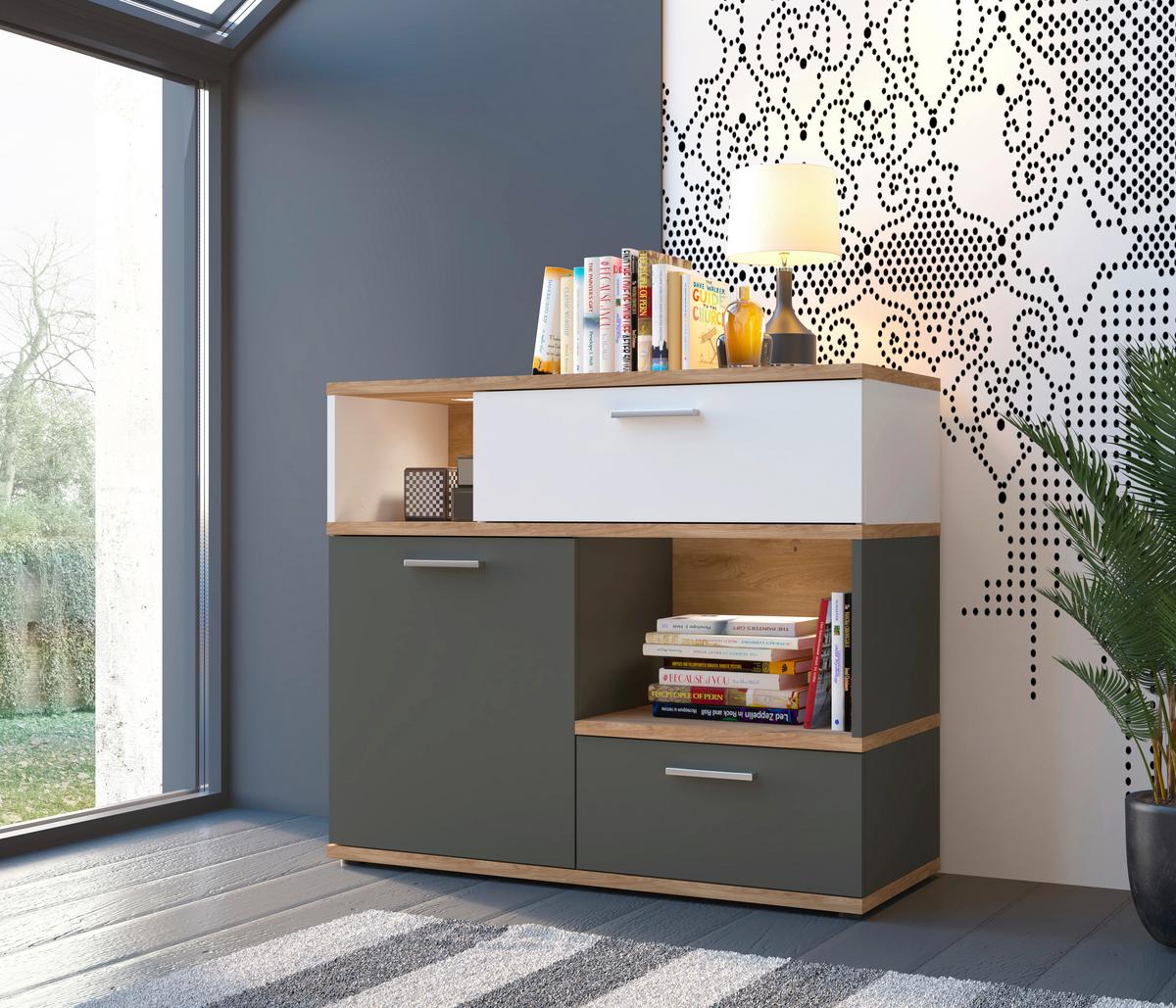 Komoda TWENTY dekor bílá/grafit/dub - bílá/barvy dubu, Moderní, kompozitní dřevo/plast (100/86/40cm) - Modern Living